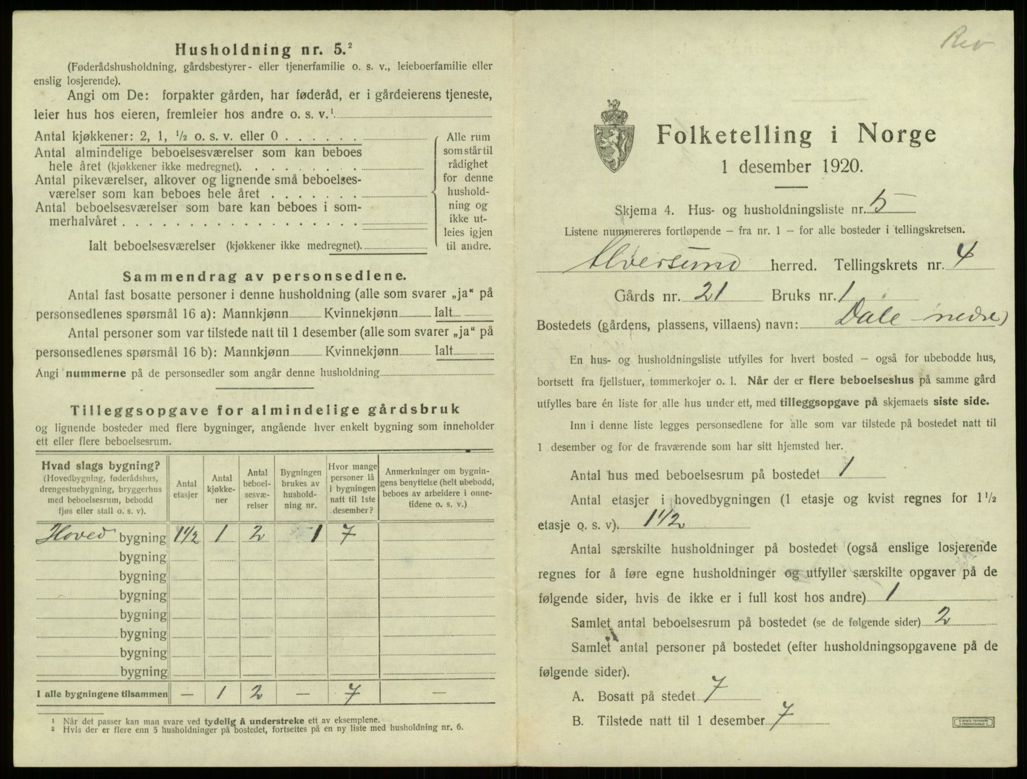 SAB, 1920 census for Alversund, 1920, p. 285