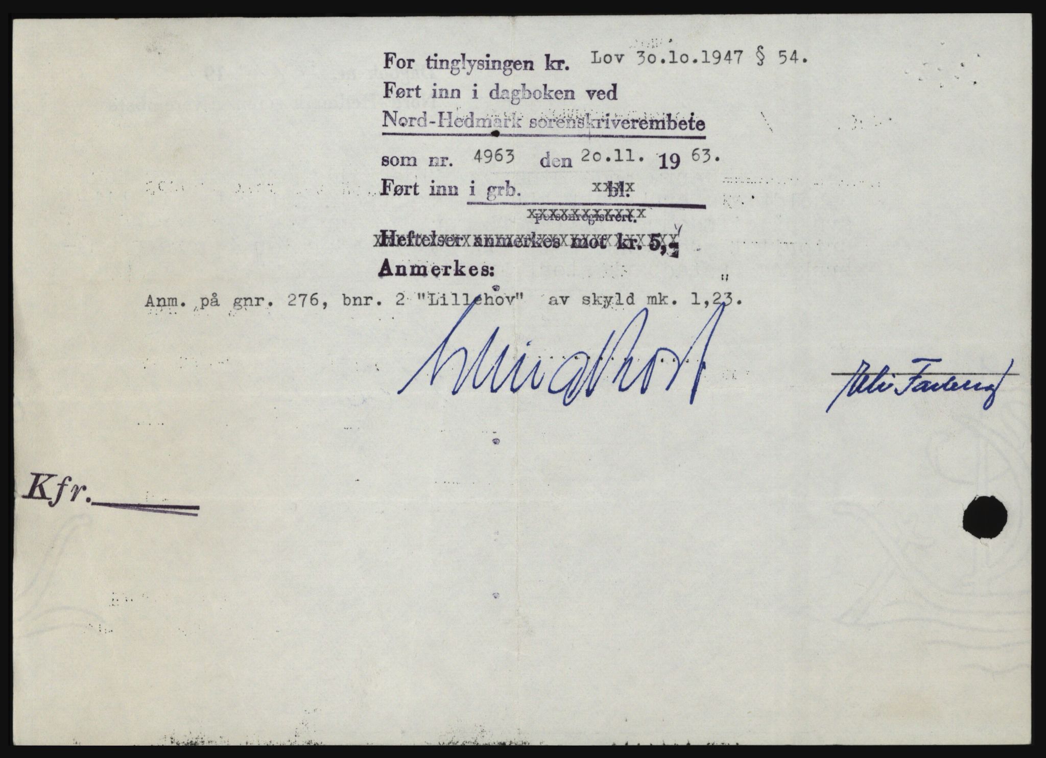 Nord-Hedmark sorenskriveri, SAH/TING-012/H/Hc/L0019: Mortgage book no. 19, 1963-1964, Diary no: : 4963/1963