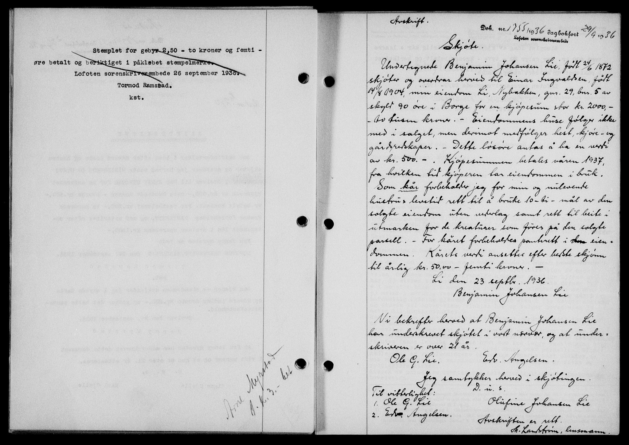 Lofoten sorenskriveri, SAT/A-0017/1/2/2C/L0001a: Mortgage book no. 1a, 1936-1937, Diary no: : 1755/1936