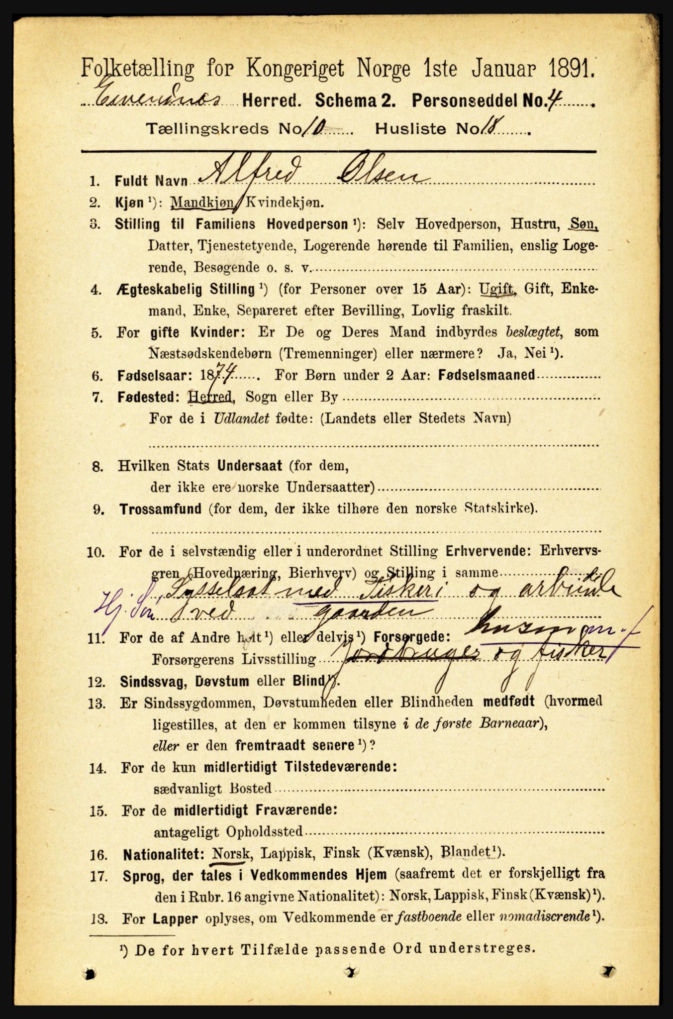 RA, 1891 census for 1853 Evenes, 1891, p. 3265