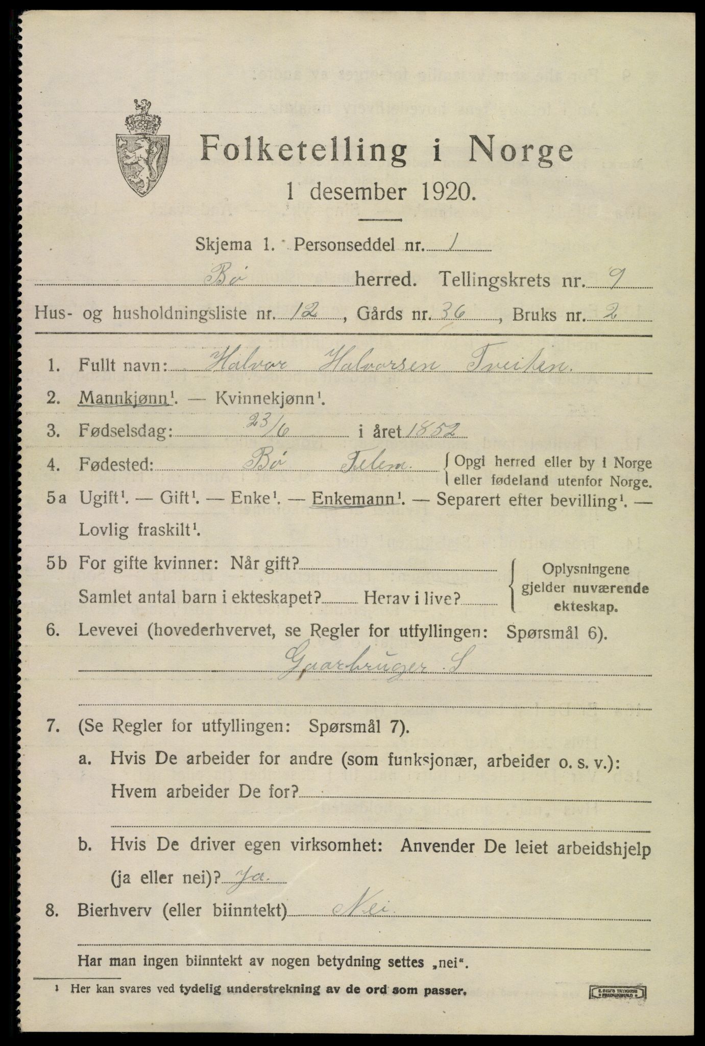 SAKO, 1920 census for Bø (Telemark), 1920, p. 6534