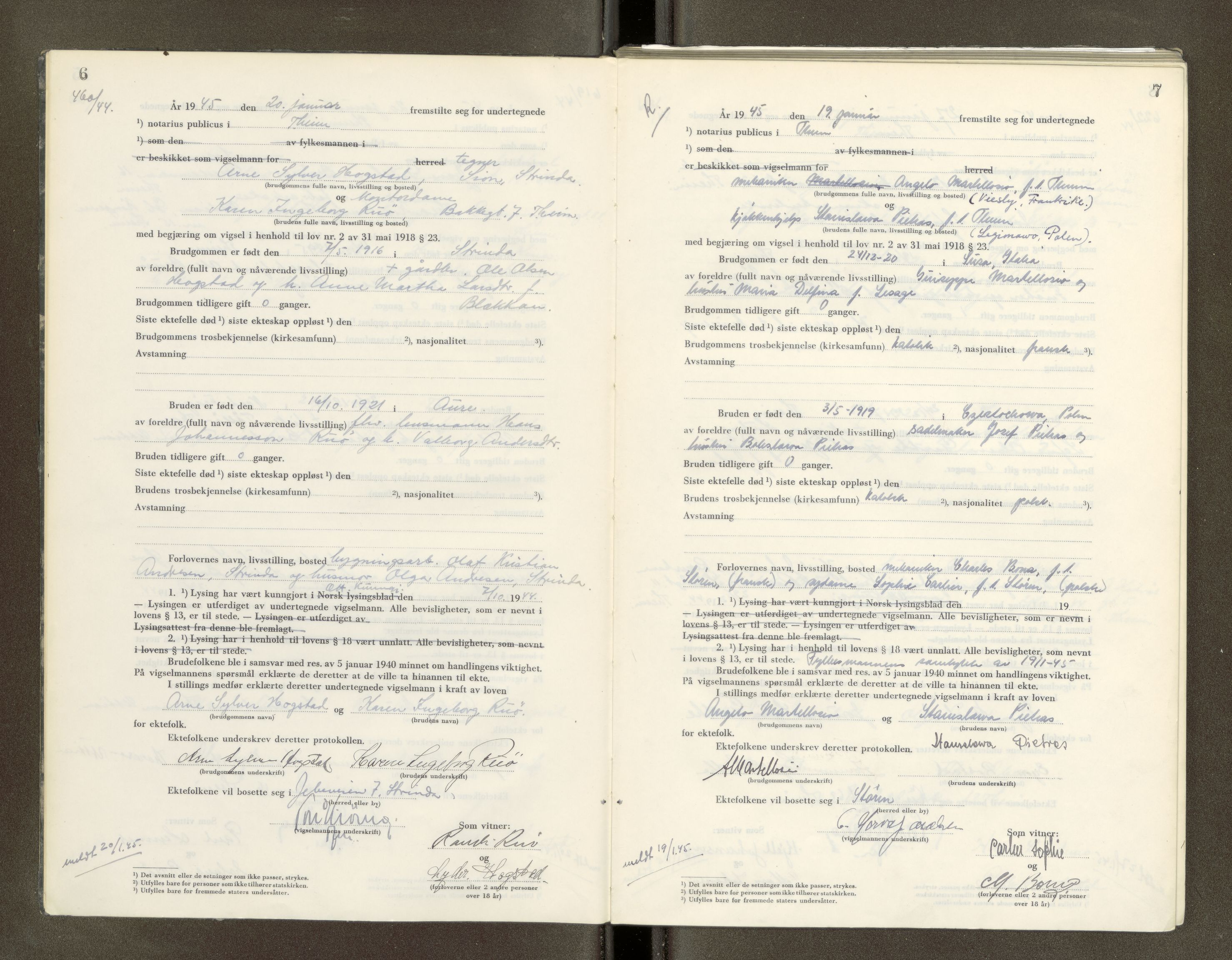 Trondheim byfogd, AV/SAT-A-0003/1/6/6D/L0005: Vigselbøker, 1944-1948, p. 6-7