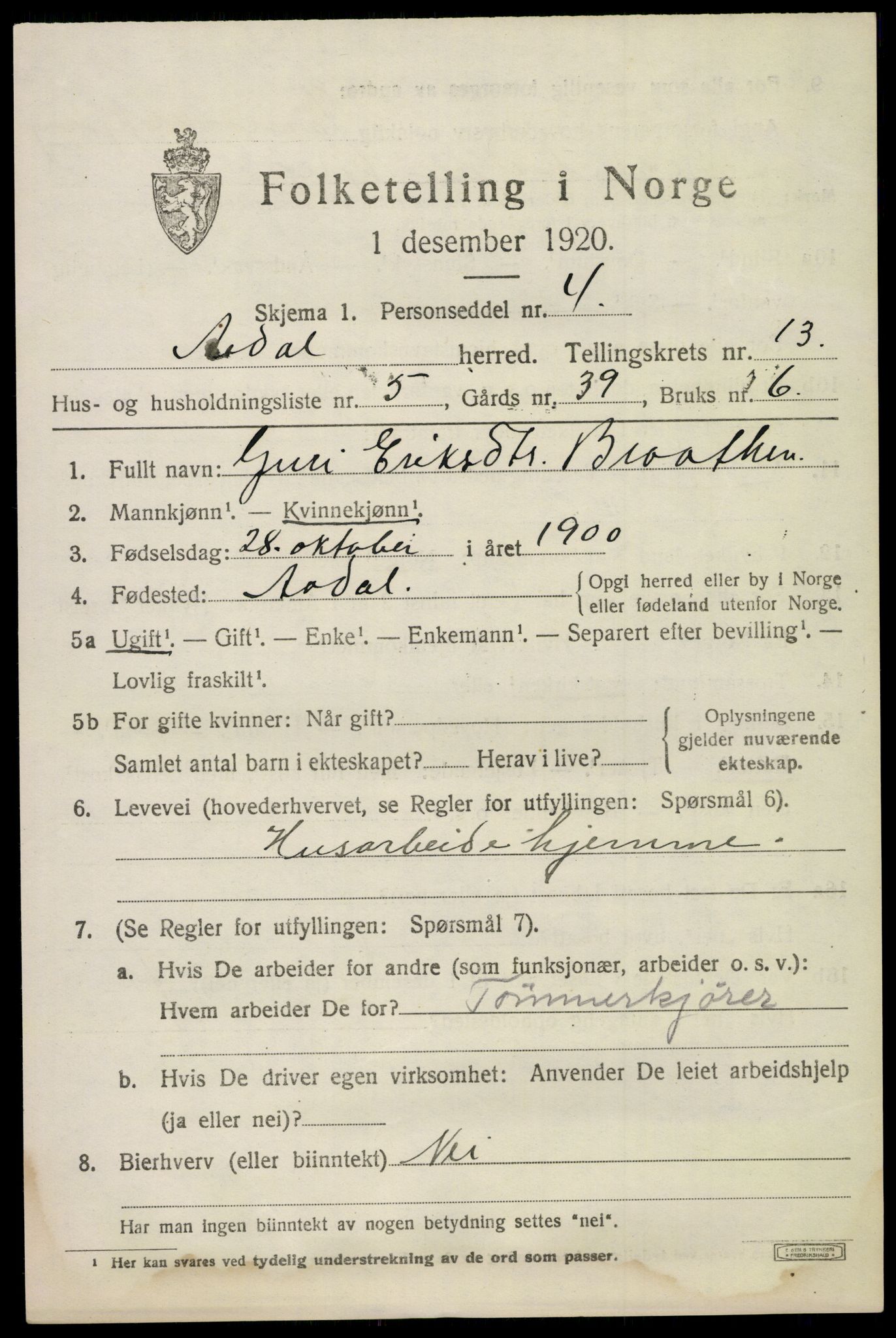 SAKO, 1920 census for Ådal, 1920, p. 7690