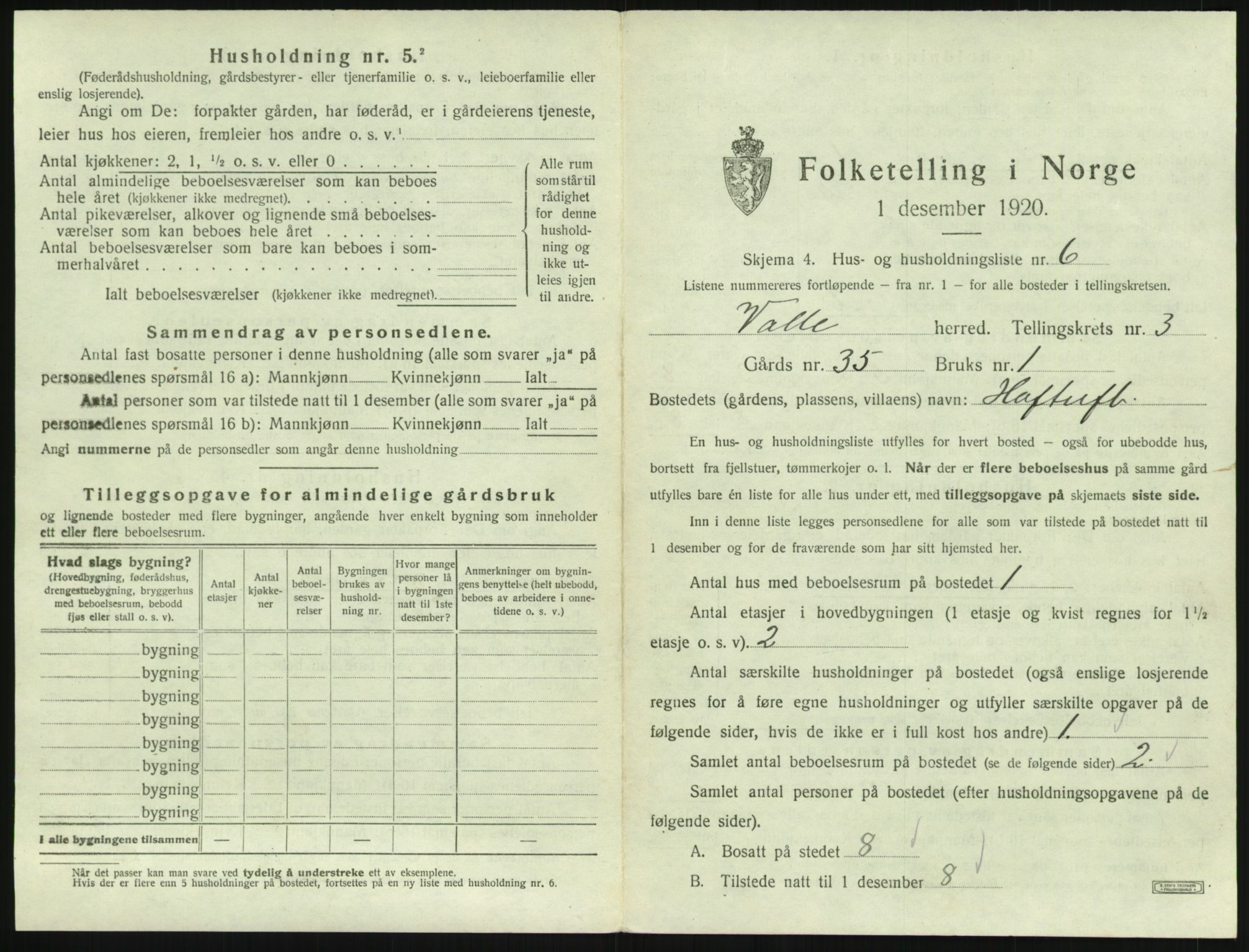 SAK, 1920 census for Valle, 1920, p. 233