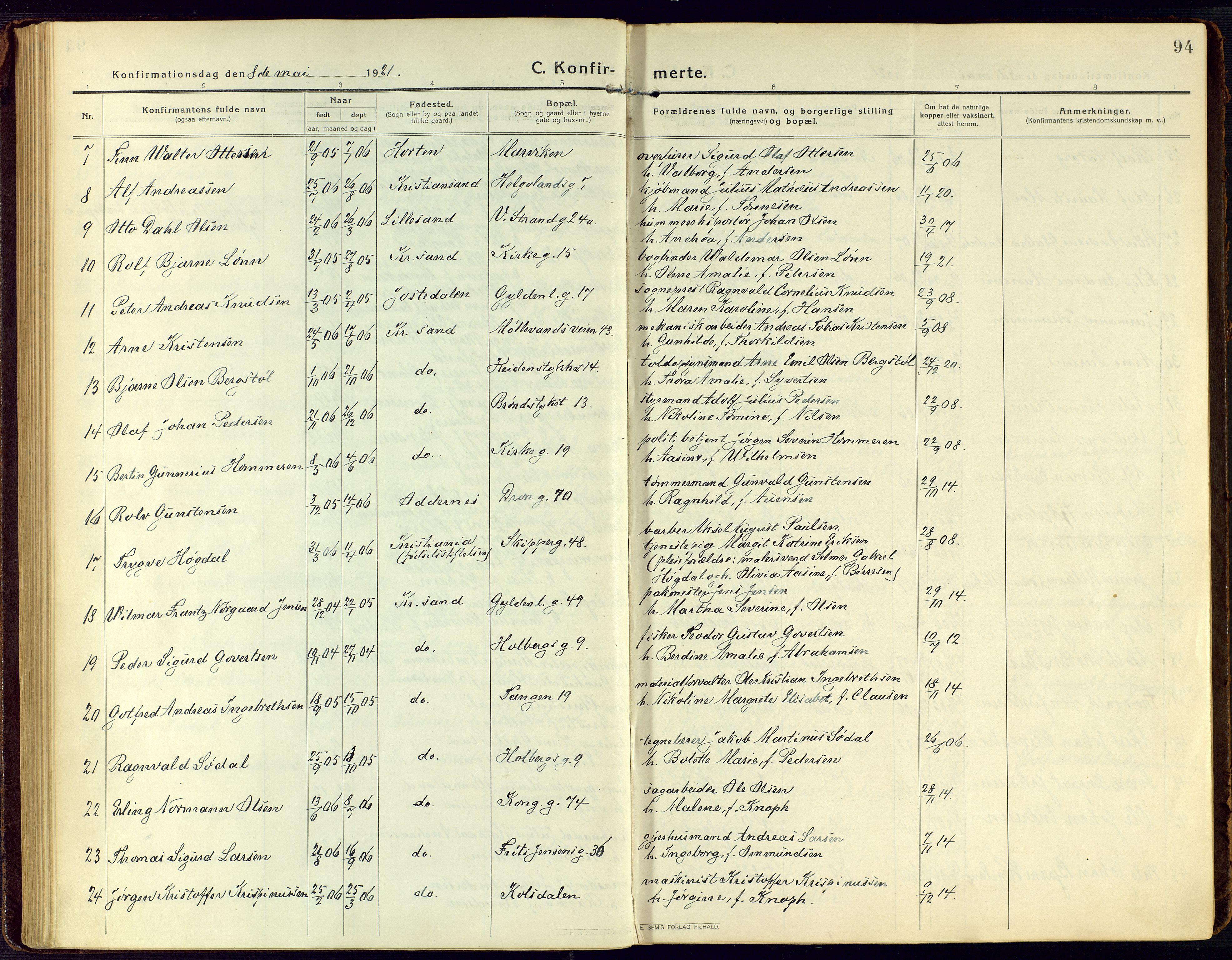 Kristiansand domprosti, AV/SAK-1112-0006/F/Fa/L0026: Parish register (official) no. A 25, 1916-1928, p. 94