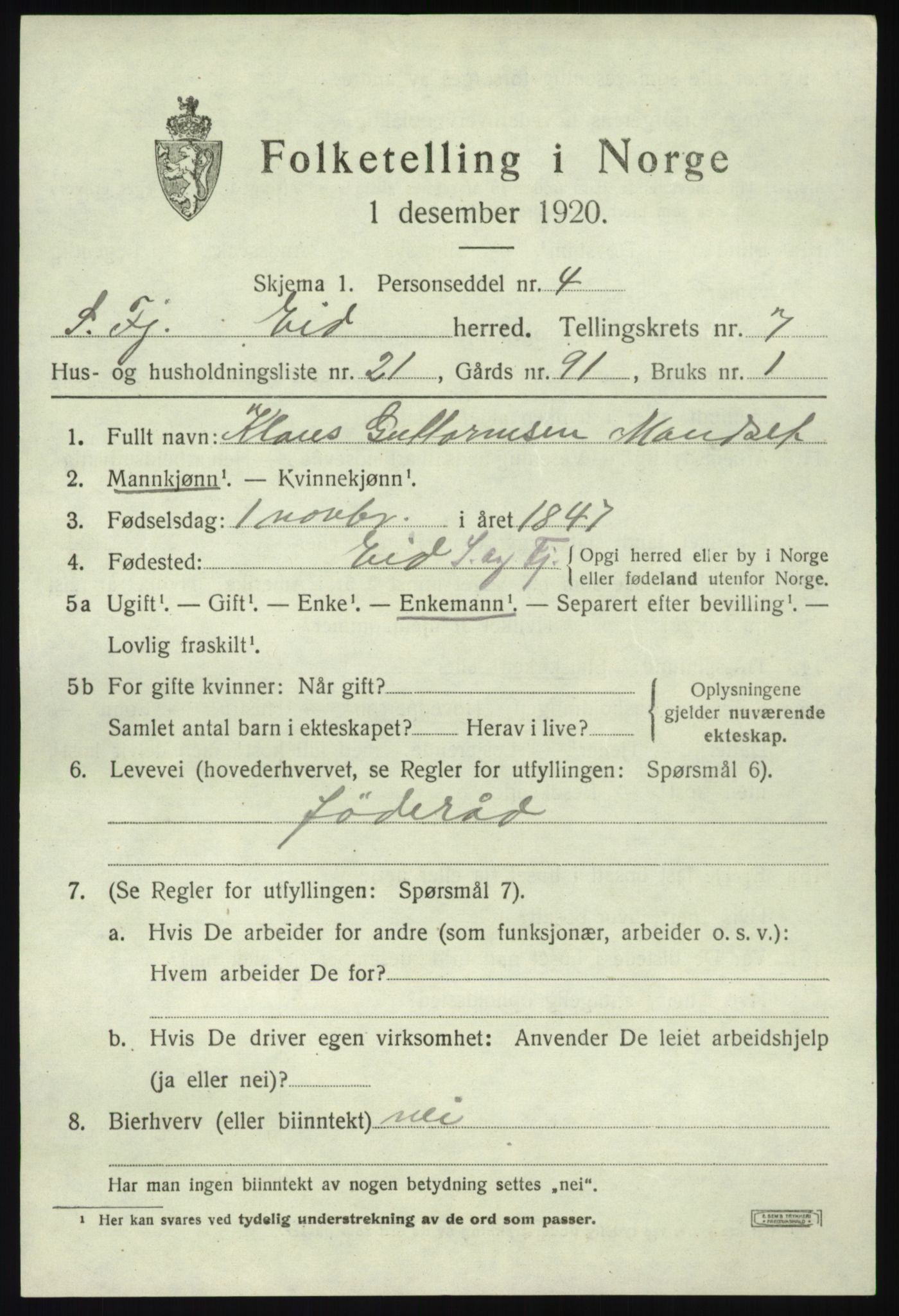 SAB, 1920 census for Eid, 1920, p. 3738