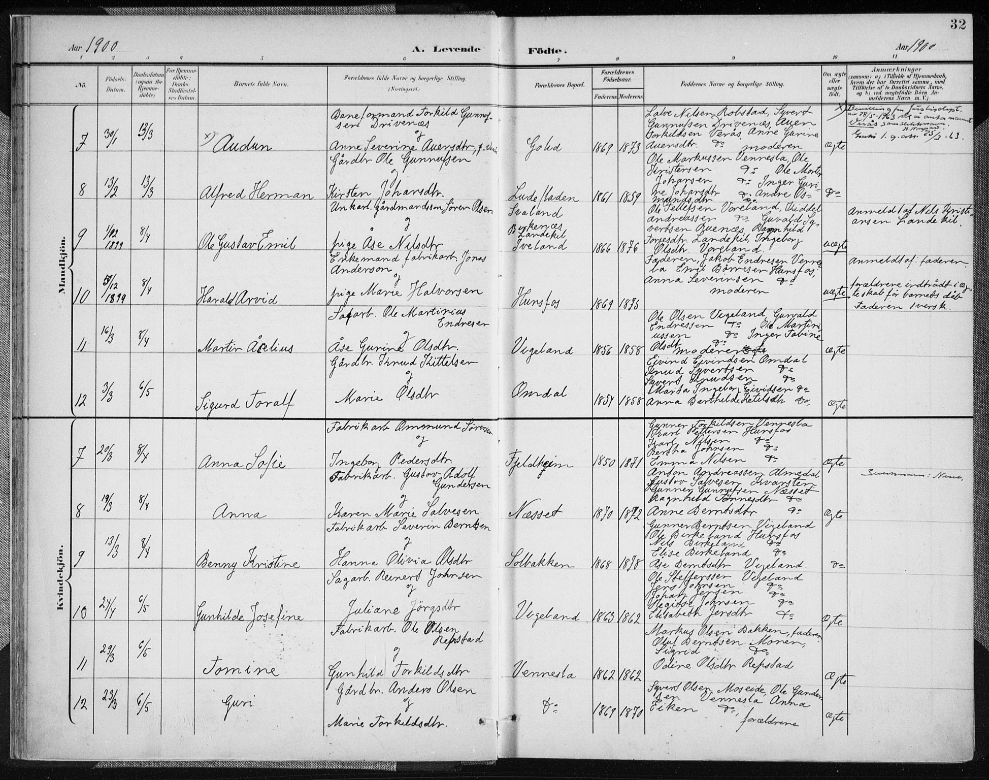 Vennesla sokneprestkontor, AV/SAK-1111-0045/Fa/Fab/L0005: Parish register (official) no. A 5, 1897-1909, p. 32