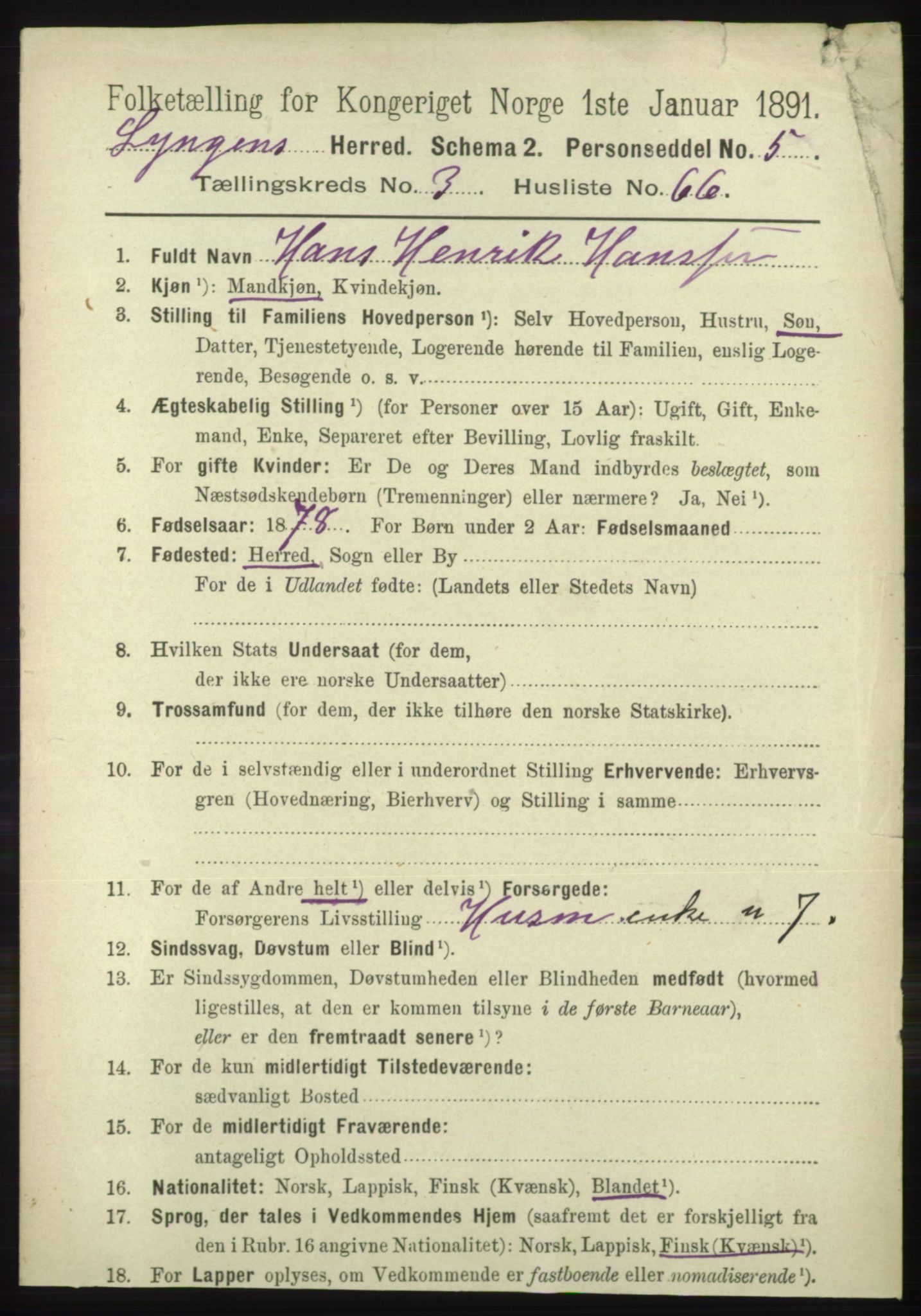 RA, 1891 census for 1938 Lyngen, 1891, p. 3583