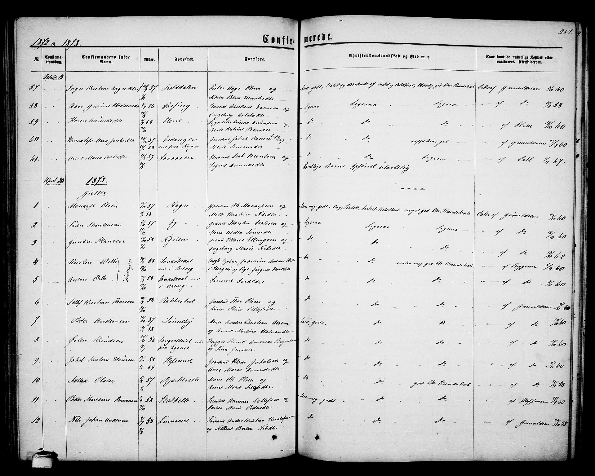 Bamble kirkebøker, SAKO/A-253/G/Ga/L0006: Parish register (copy) no. I 6, 1860-1876, p. 259