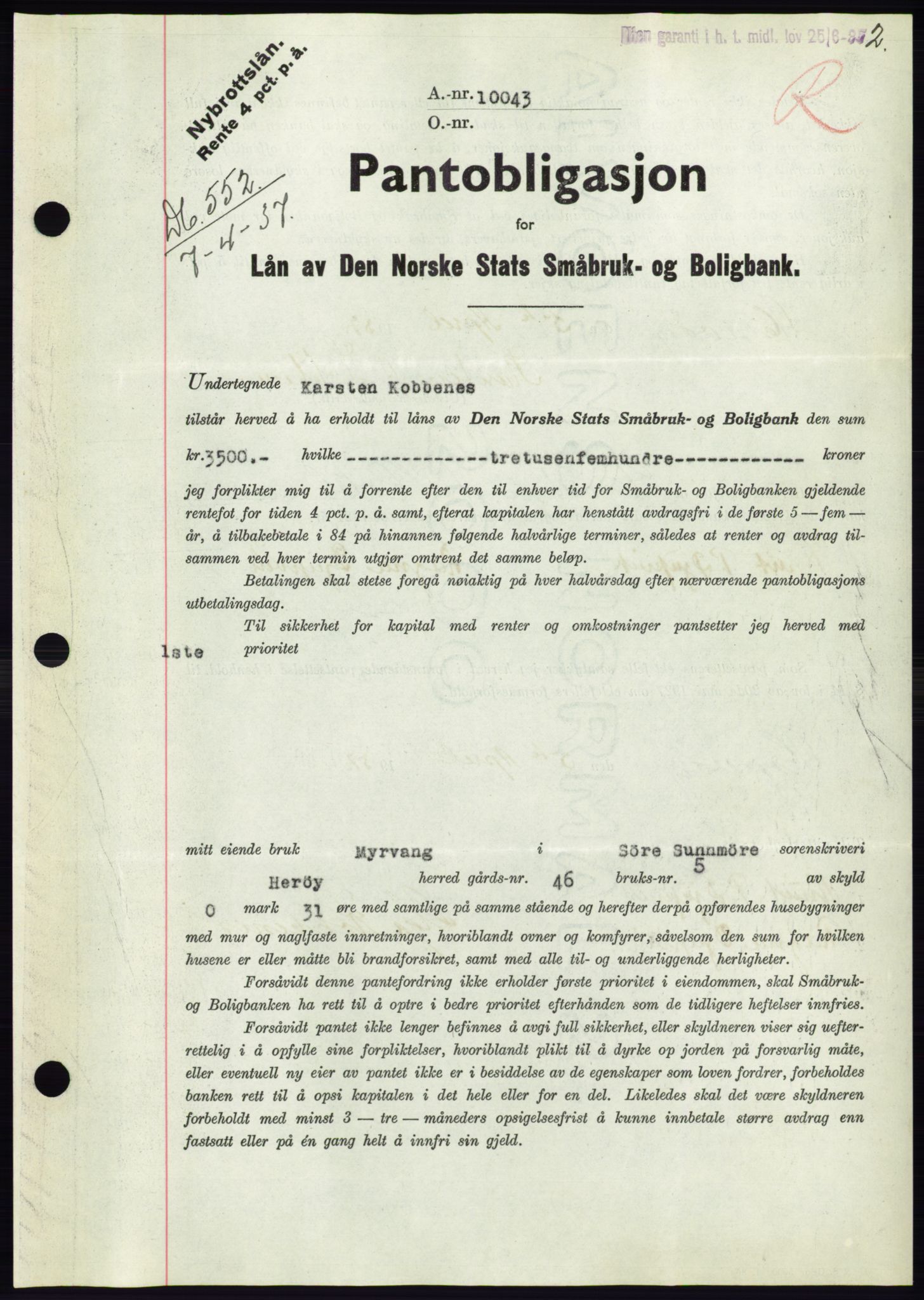 Søre Sunnmøre sorenskriveri, AV/SAT-A-4122/1/2/2C/L0063: Mortgage book no. 57, 1937-1937, Diary no: : 552/1937