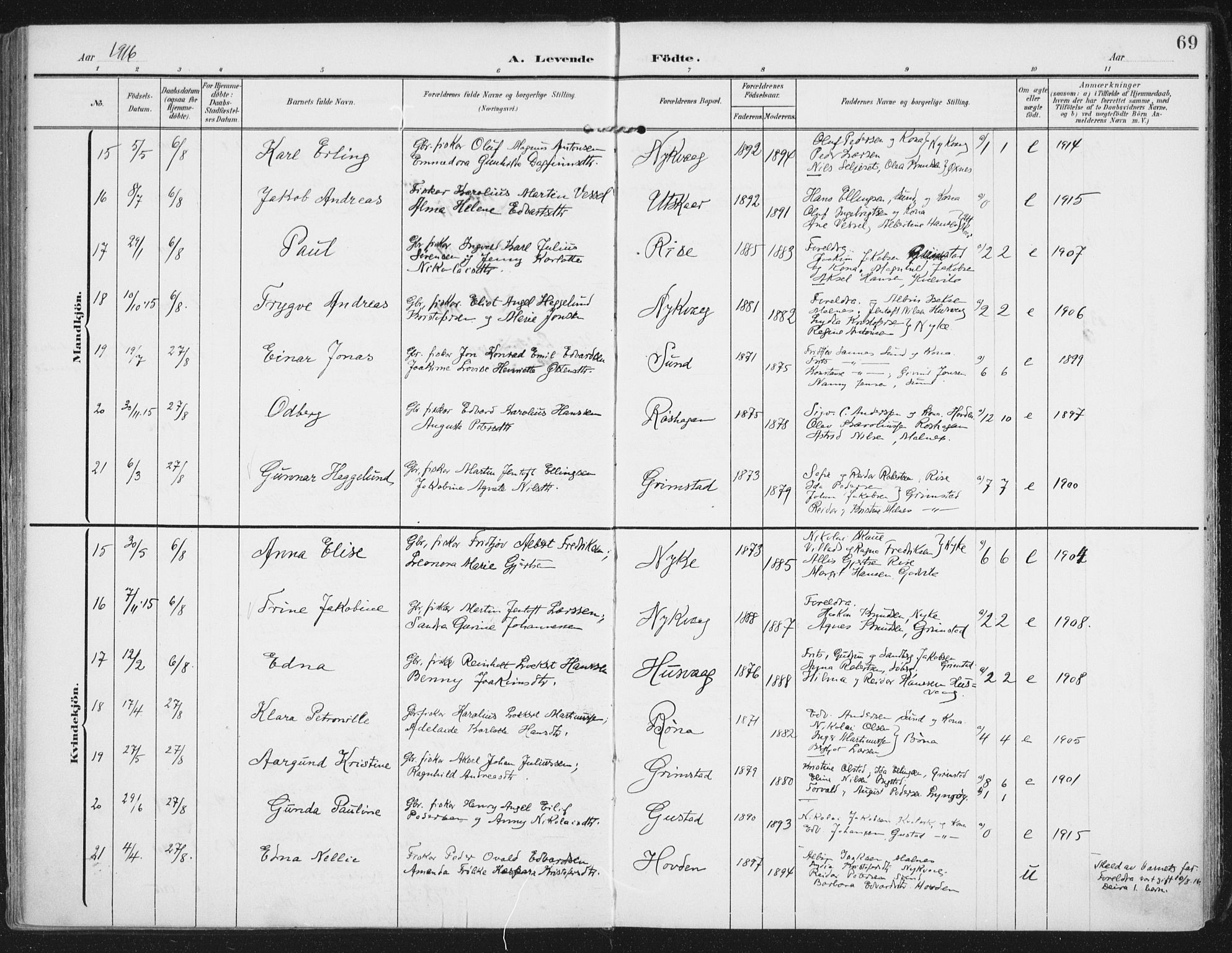 Ministerialprotokoller, klokkerbøker og fødselsregistre - Nordland, AV/SAT-A-1459/892/L1321: Parish register (official) no. 892A02, 1902-1918, p. 69