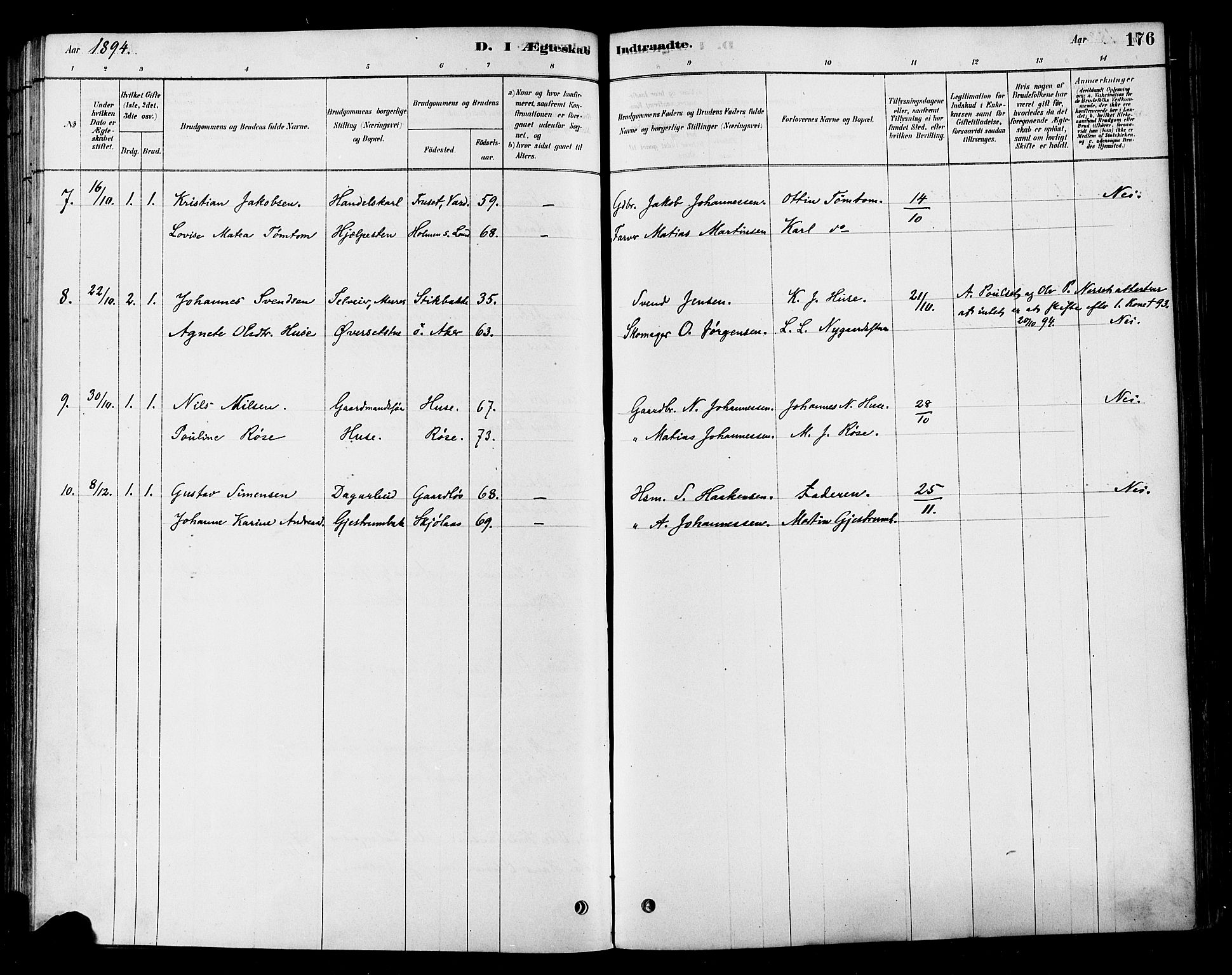 Vestre Toten prestekontor, AV/SAH-PREST-108/H/Ha/Haa/L0010: Parish register (official) no. 10, 1878-1894, p. 176