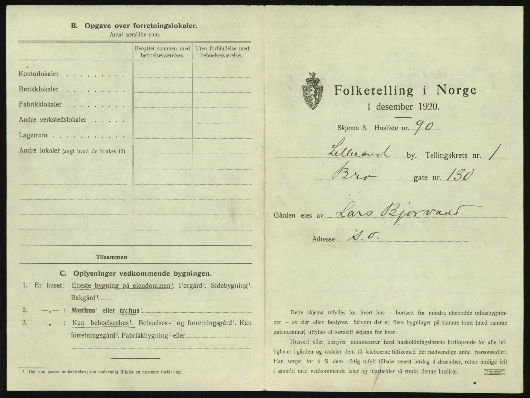 SAK, 1920 census for Lillesand, 1920, p. 209