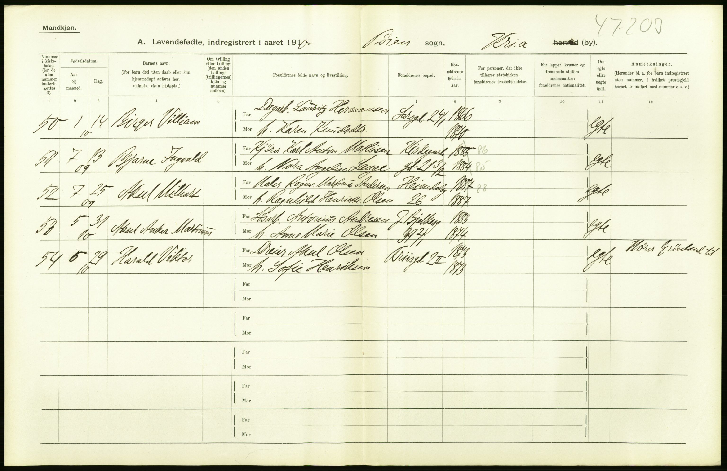 Statistisk sentralbyrå, Sosiodemografiske emner, Befolkning, AV/RA-S-2228/D/Df/Dfa/Dfah/L0006: Kristiania: Levendefødte menn., 1910, p. 14