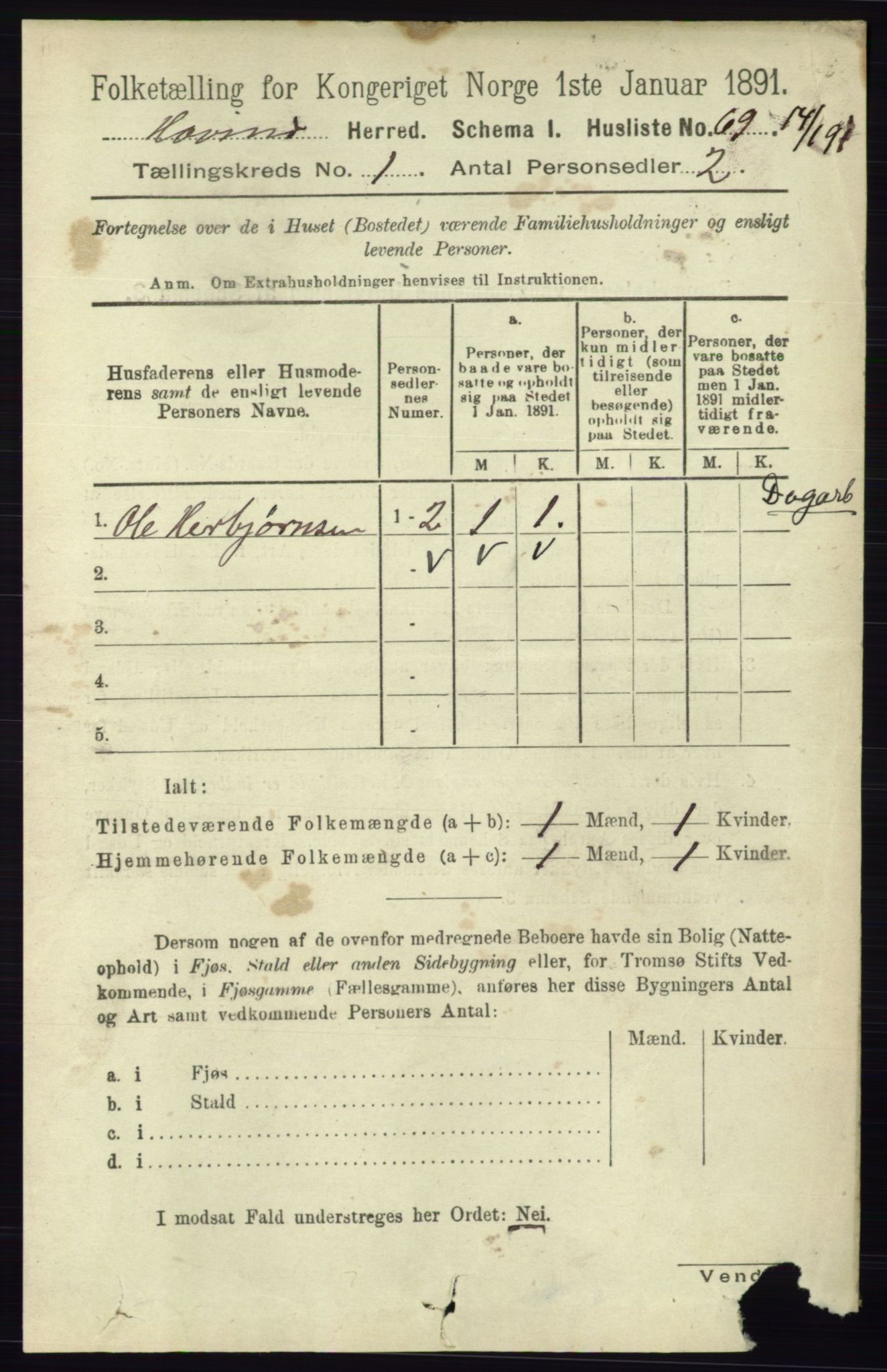 RA, 1891 census for 0825 Hovin, 1891, p. 85