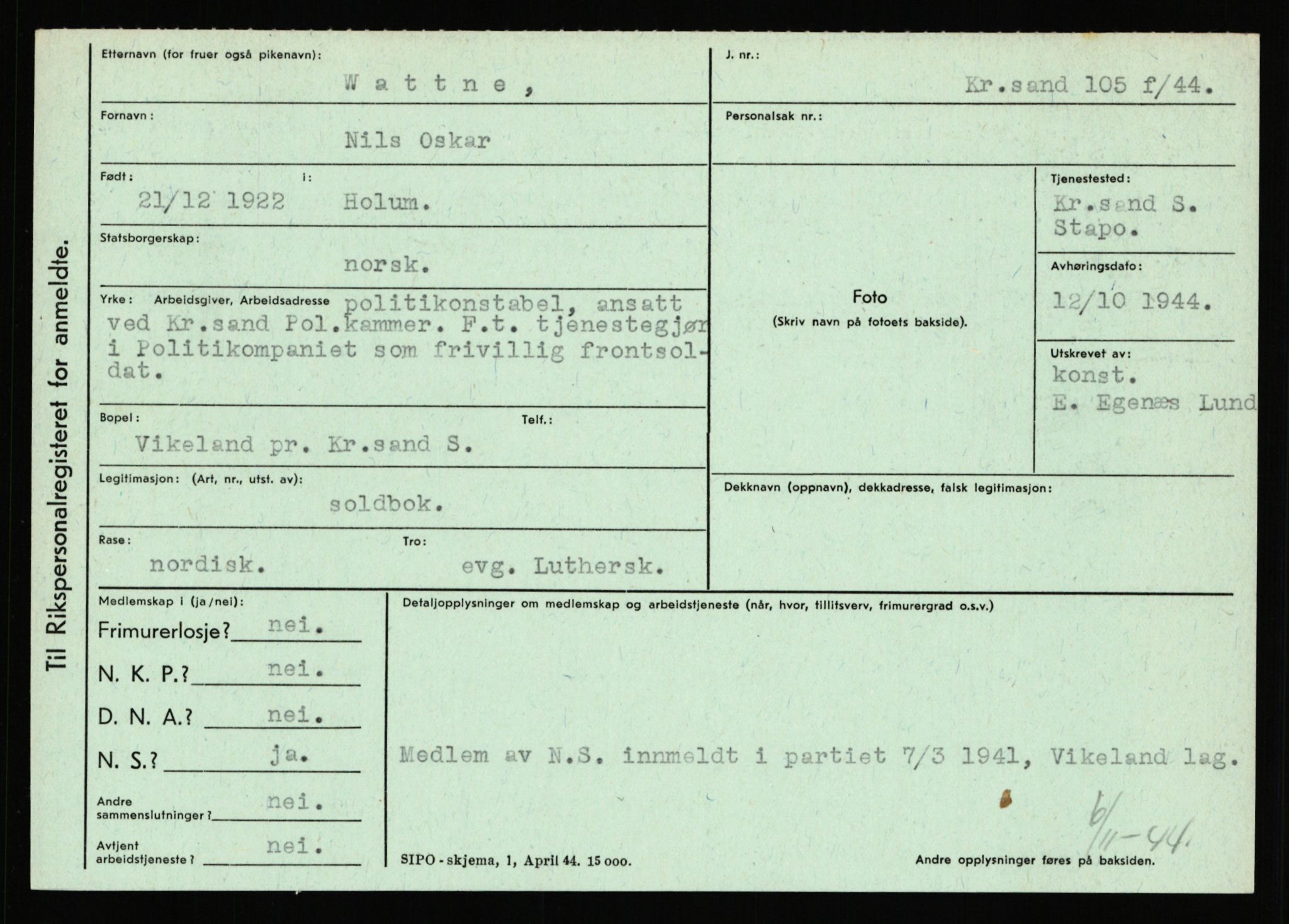 Statspolitiet - Hovedkontoret / Osloavdelingen, AV/RA-S-1329/C/Ca/L0016: Uberg - Øystese, 1943-1945, p. 1996