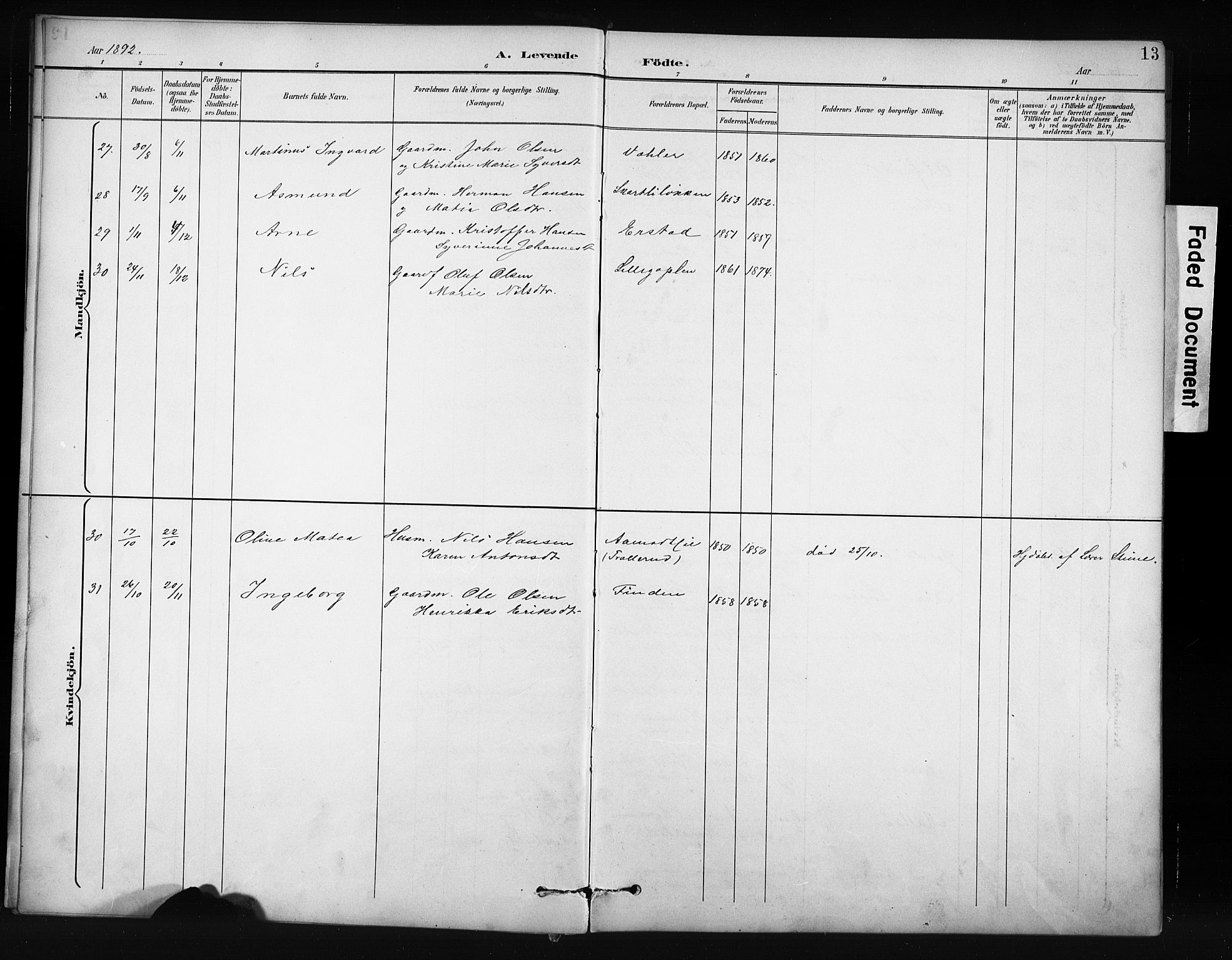 Nordre Land prestekontor, SAH/PREST-124/H/Ha/Hab/L0012: Parish register (copy) no. 12, 1891-1909, p. 13