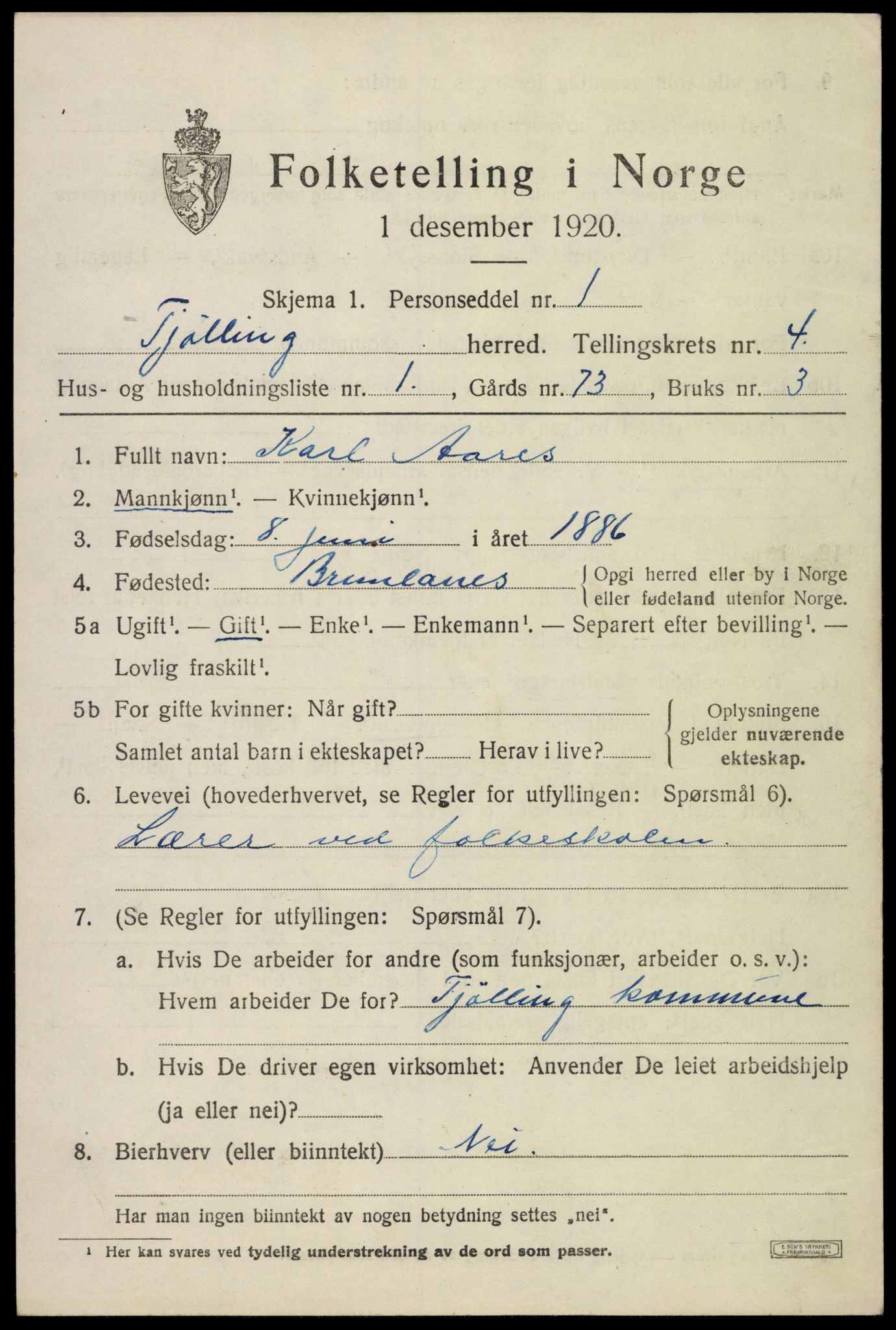 SAKO, 1920 census for Tjølling, 1920, p. 7499