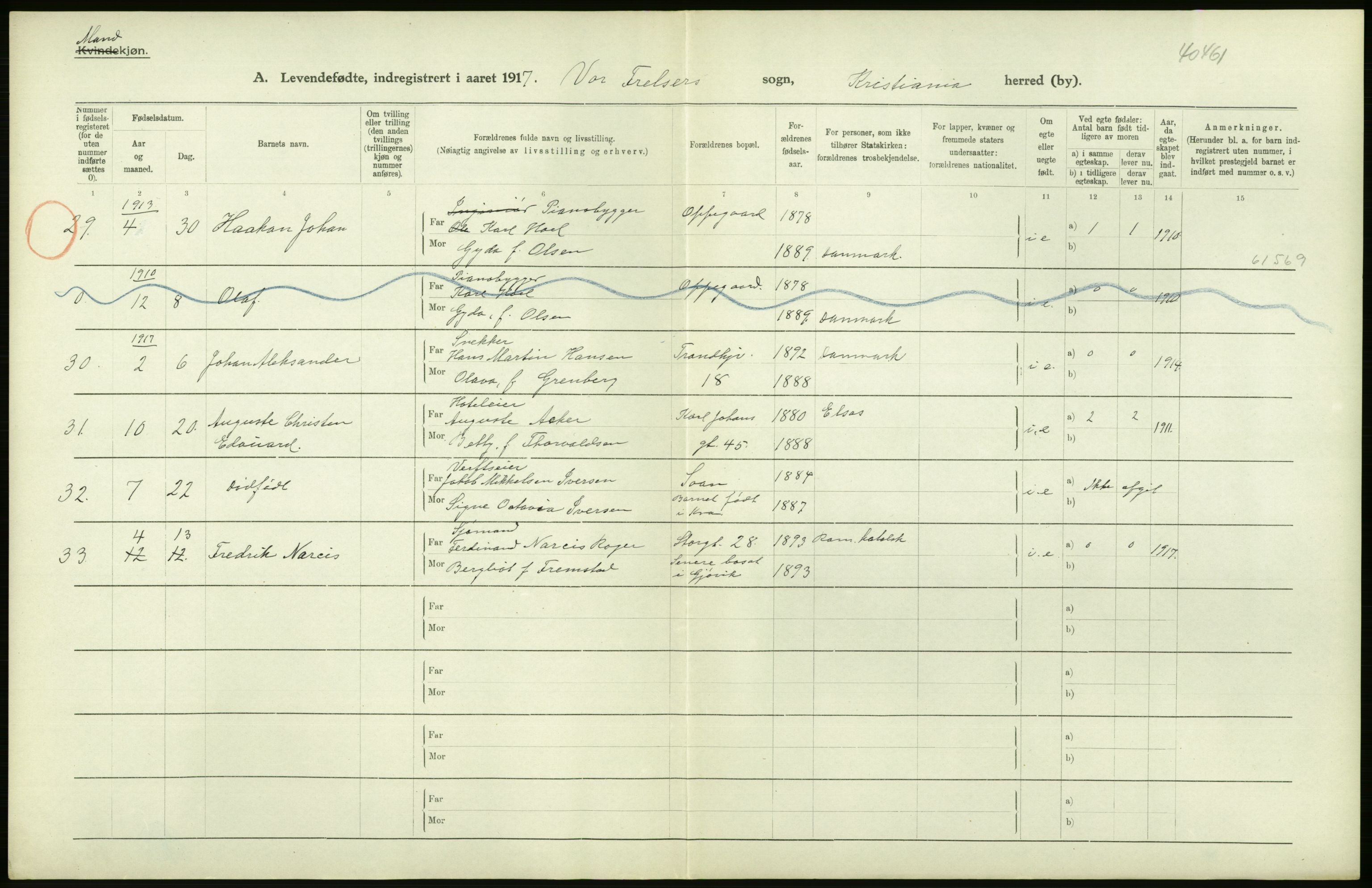 Statistisk sentralbyrå, Sosiodemografiske emner, Befolkning, AV/RA-S-2228/D/Df/Dfb/Dfbg/L0007: Kristiania: Levendefødte menn og kvinner., 1917, p. 24