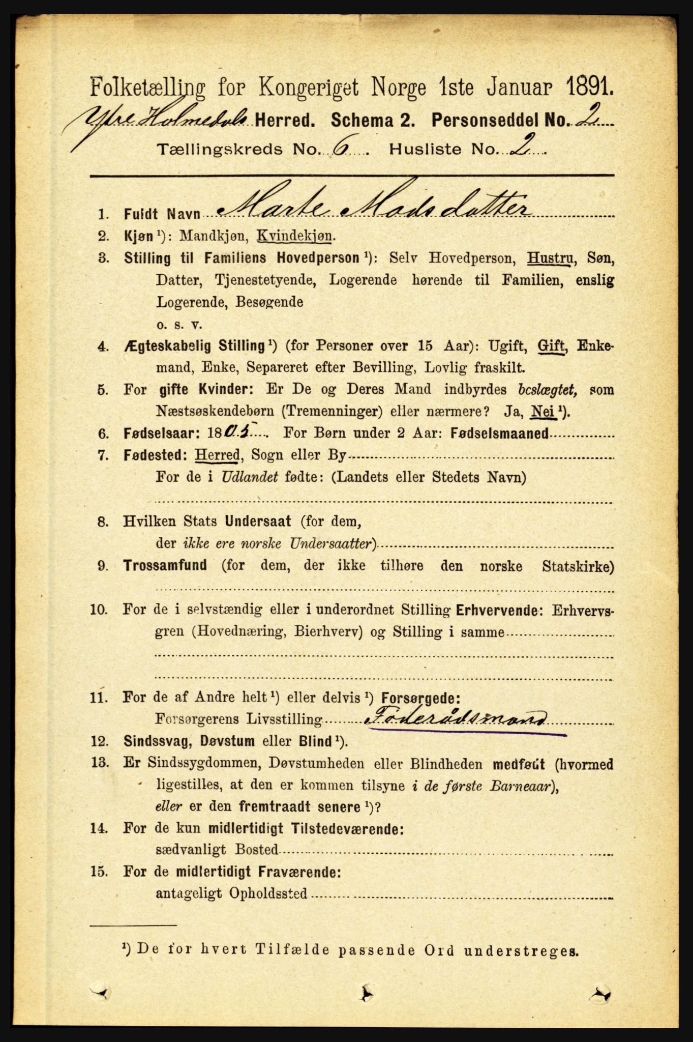 RA, 1891 census for 1429 Ytre Holmedal, 1891, p. 1342