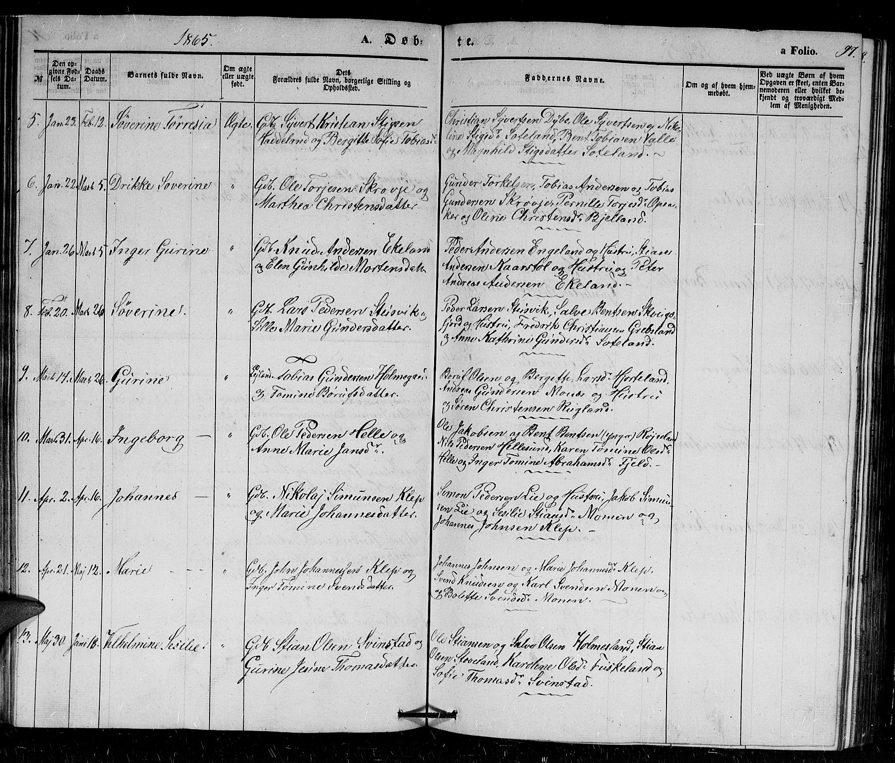 Holum sokneprestkontor, SAK/1111-0022/F/Fb/Fba/L0003: Parish register (copy) no. B 3, 1850-1866, p. 97