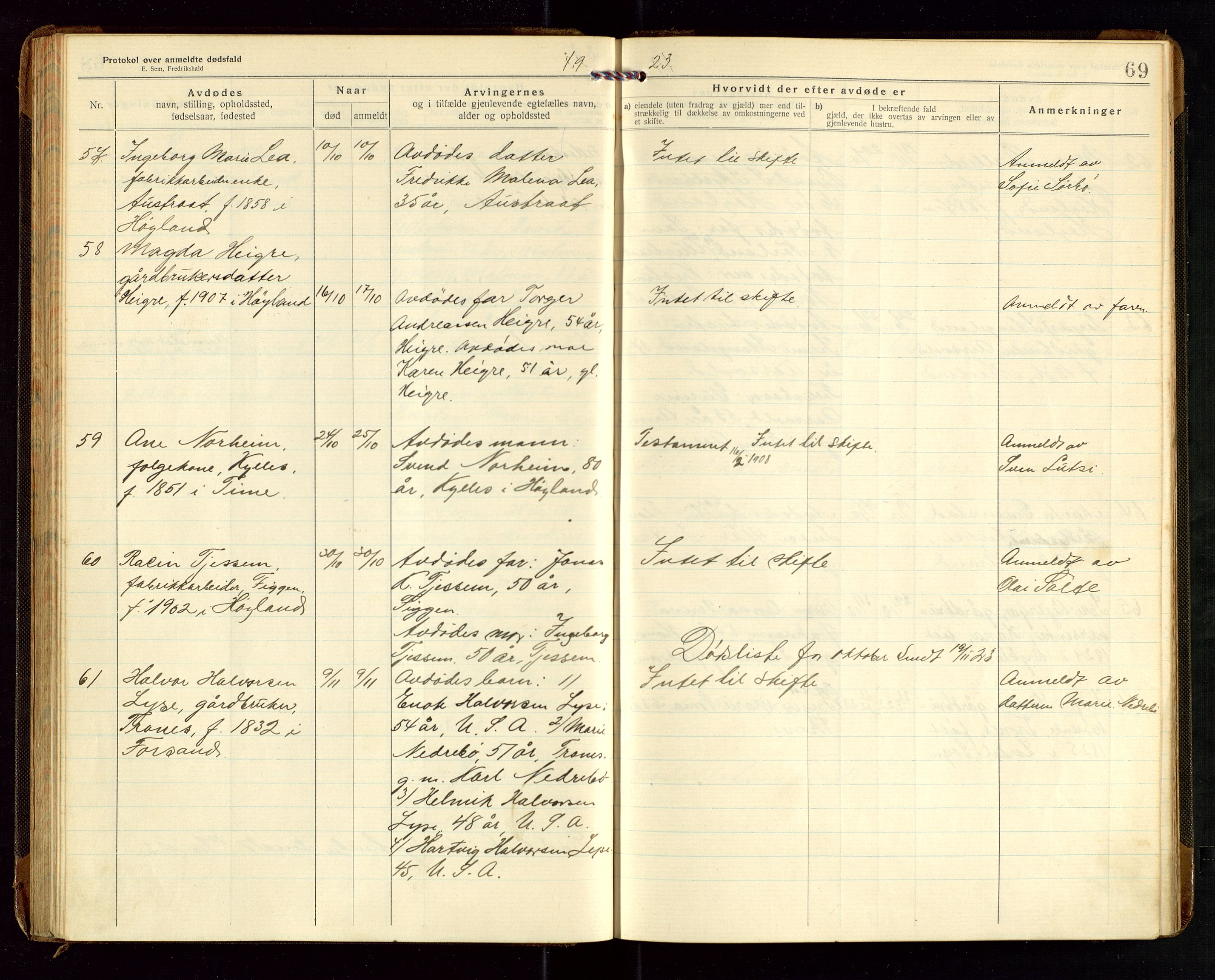 Høyland/Sandnes lensmannskontor, AV/SAST-A-100166/Gga/L0005: "Protkokol over anmeldte dødsfald i Høylands lensmandsdistrikt", 1920-1926, p. 69