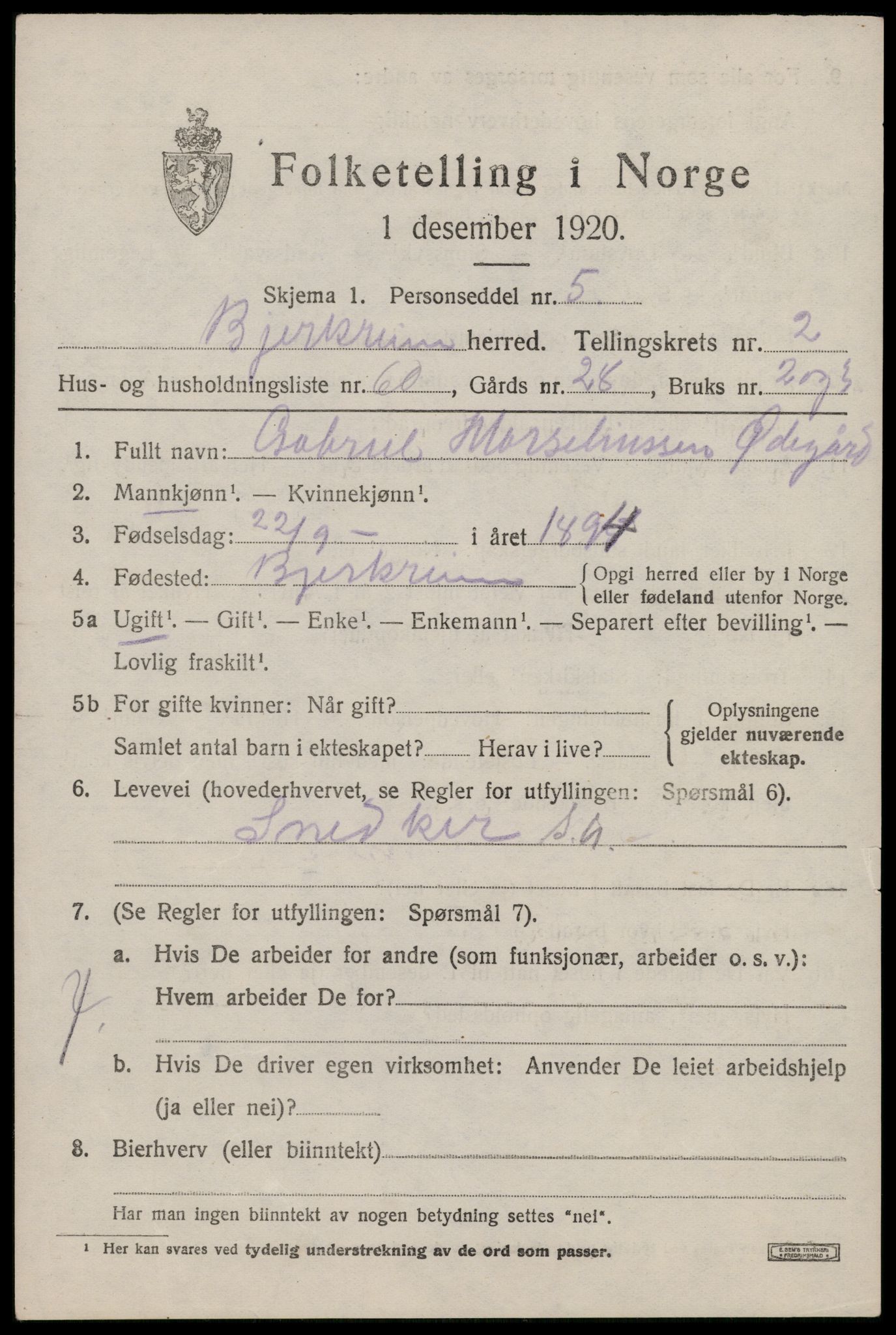 SAST, 1920 census for Bjerkreim, 1920, p. 1612