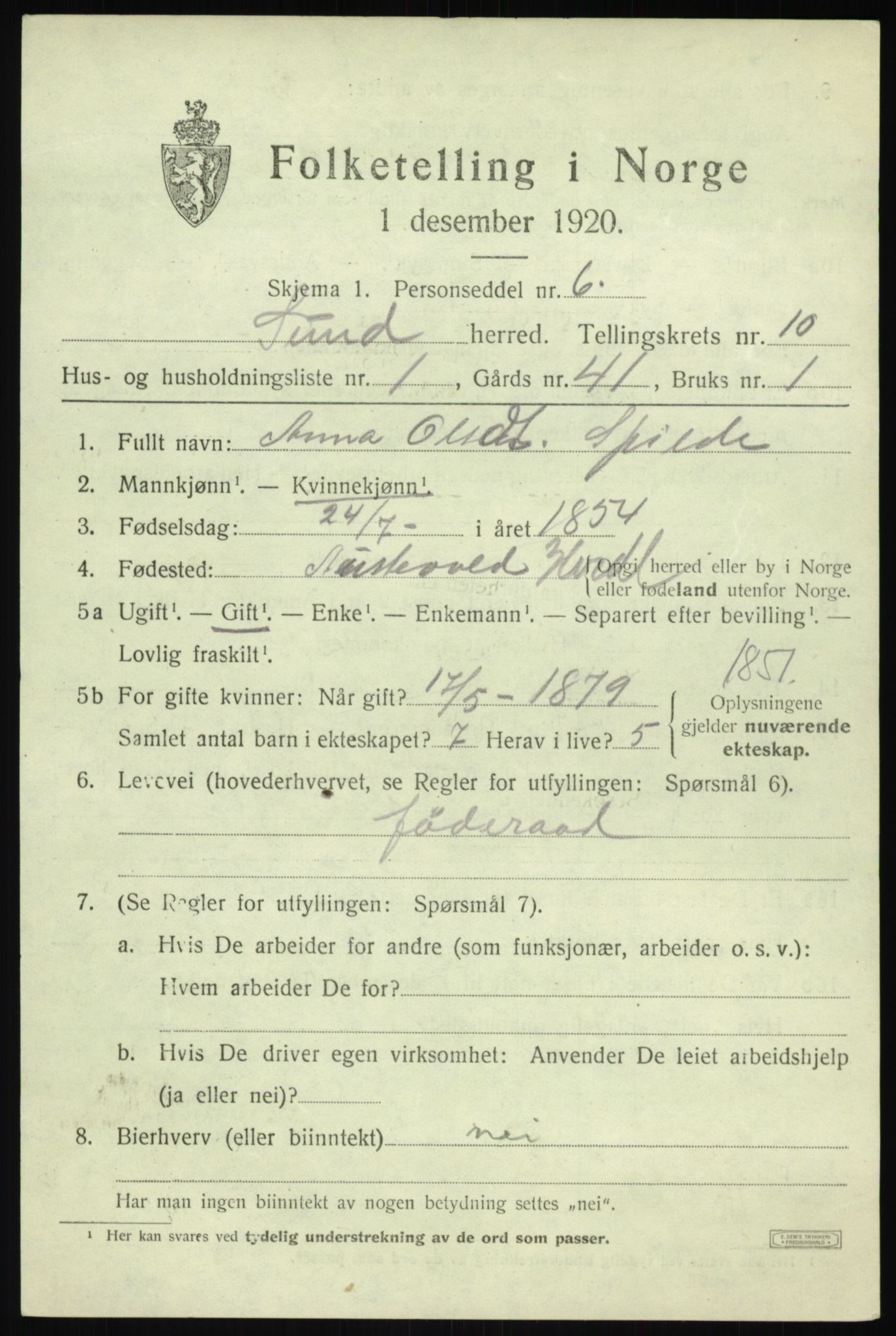 SAB, 1920 census for Sund, 1920, p. 6053