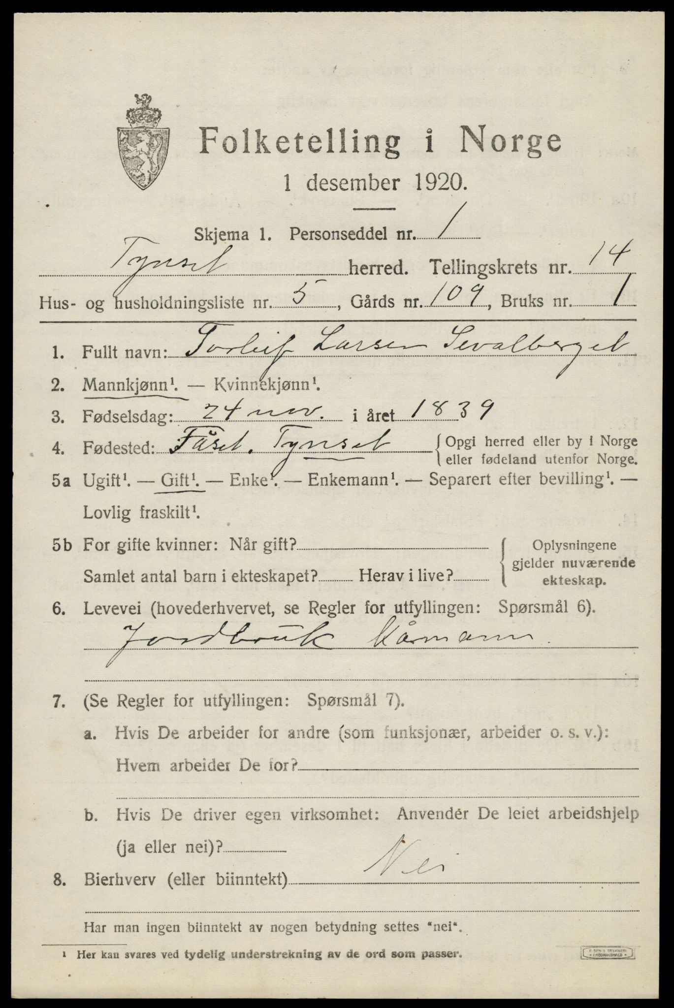 SAH, 1920 census for Tynset, 1920, p. 8968