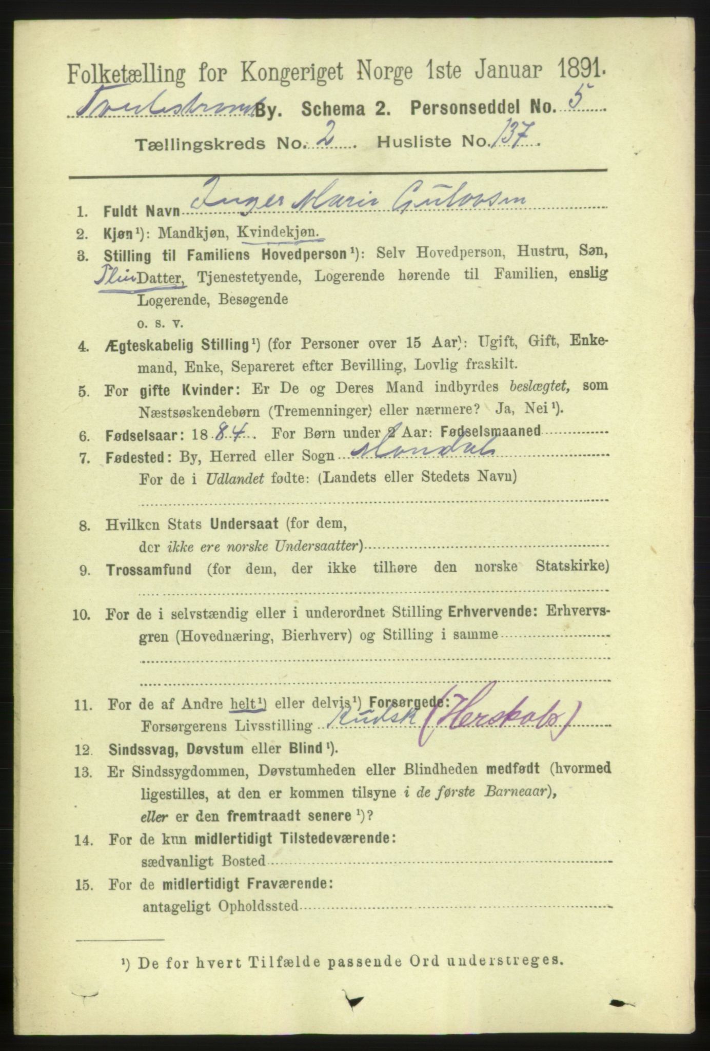 RA, 1891 census for 0902 Tvedestrand, 1891, p. 2443