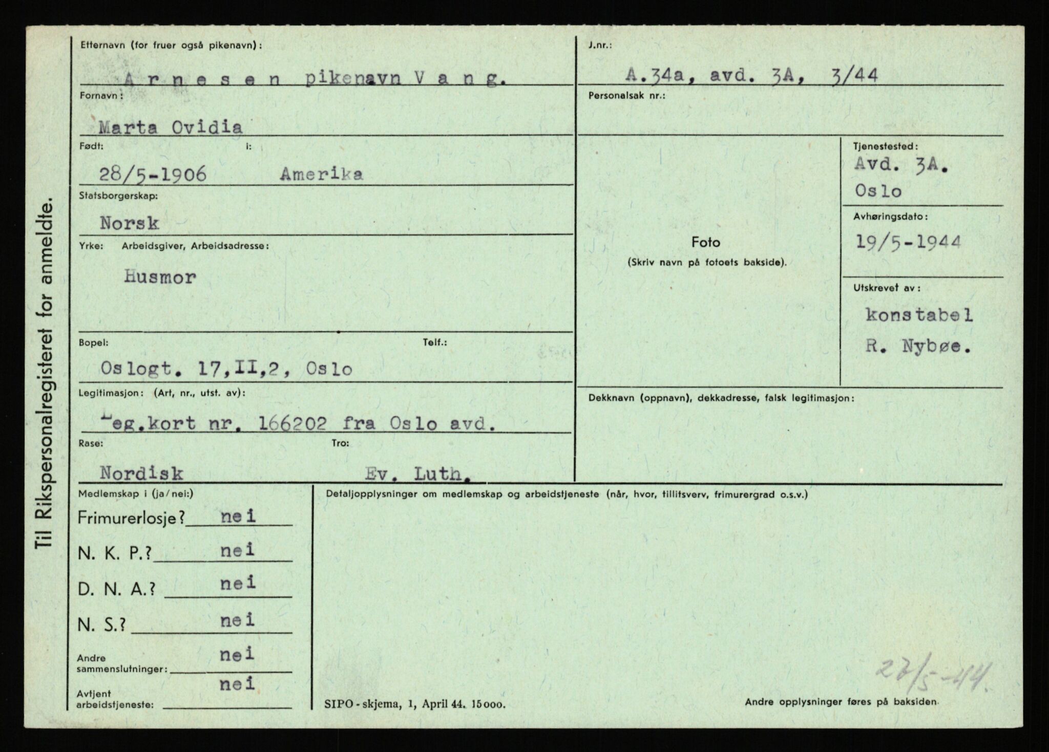 Statspolitiet - Hovedkontoret / Osloavdelingen, AV/RA-S-1329/C/Ca/L0002: Arneberg - Brand, 1943-1945, p. 144