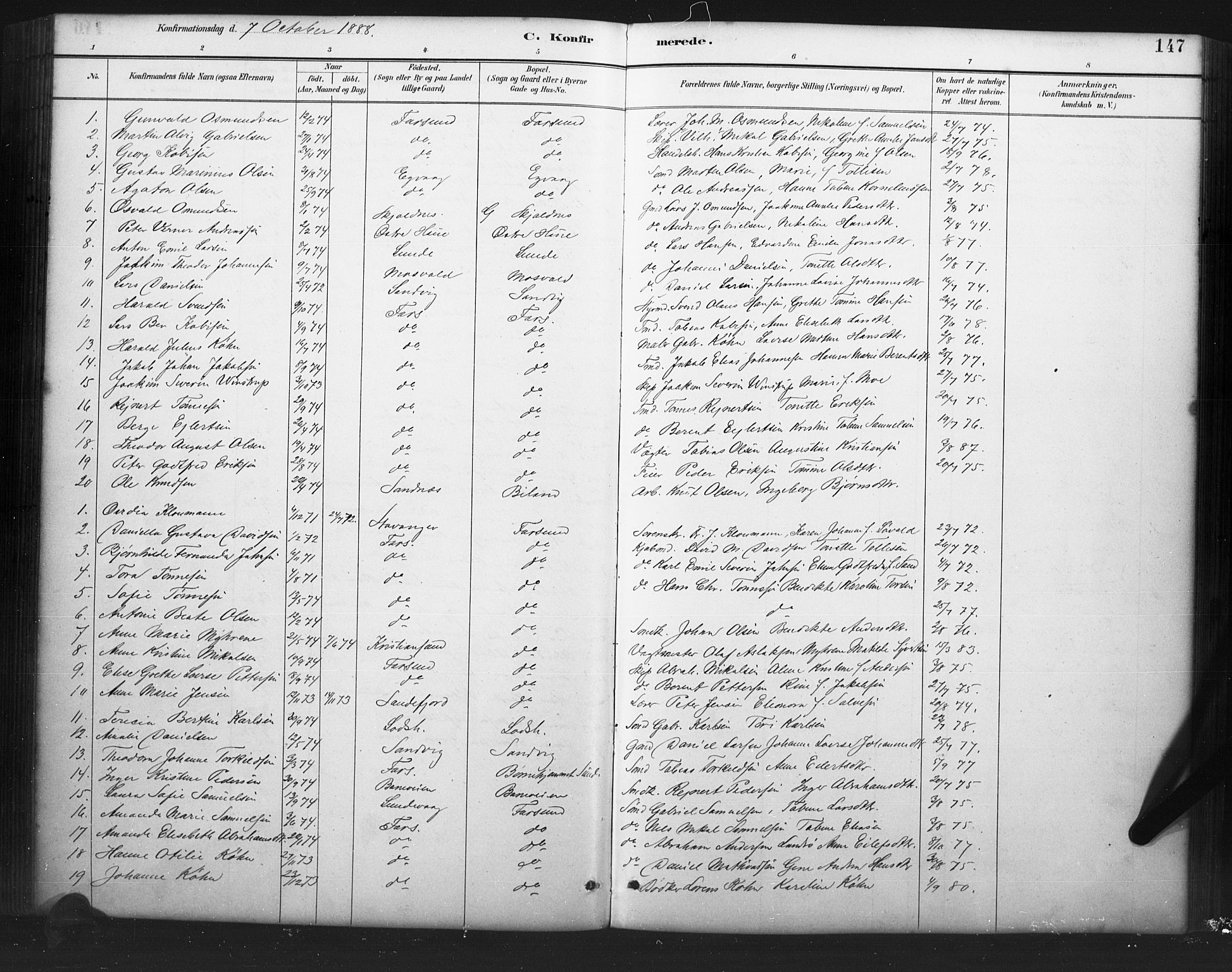 Farsund sokneprestkontor, AV/SAK-1111-0009/F/Fb/L0001: Parish register (copy) no. B 1, 1886-1931, p. 147