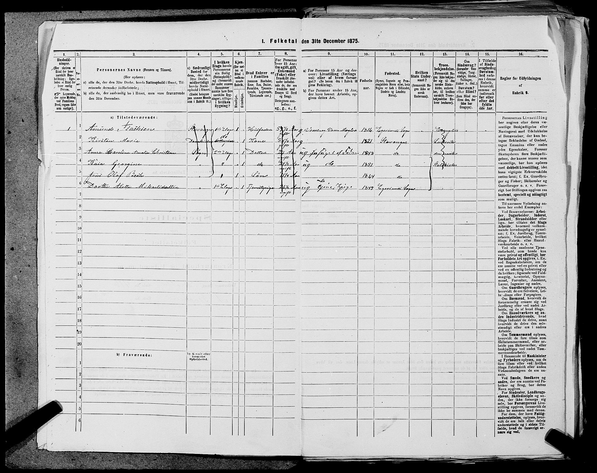 SAST, 1875 census for 1103 Stavanger, 1875, p. 218