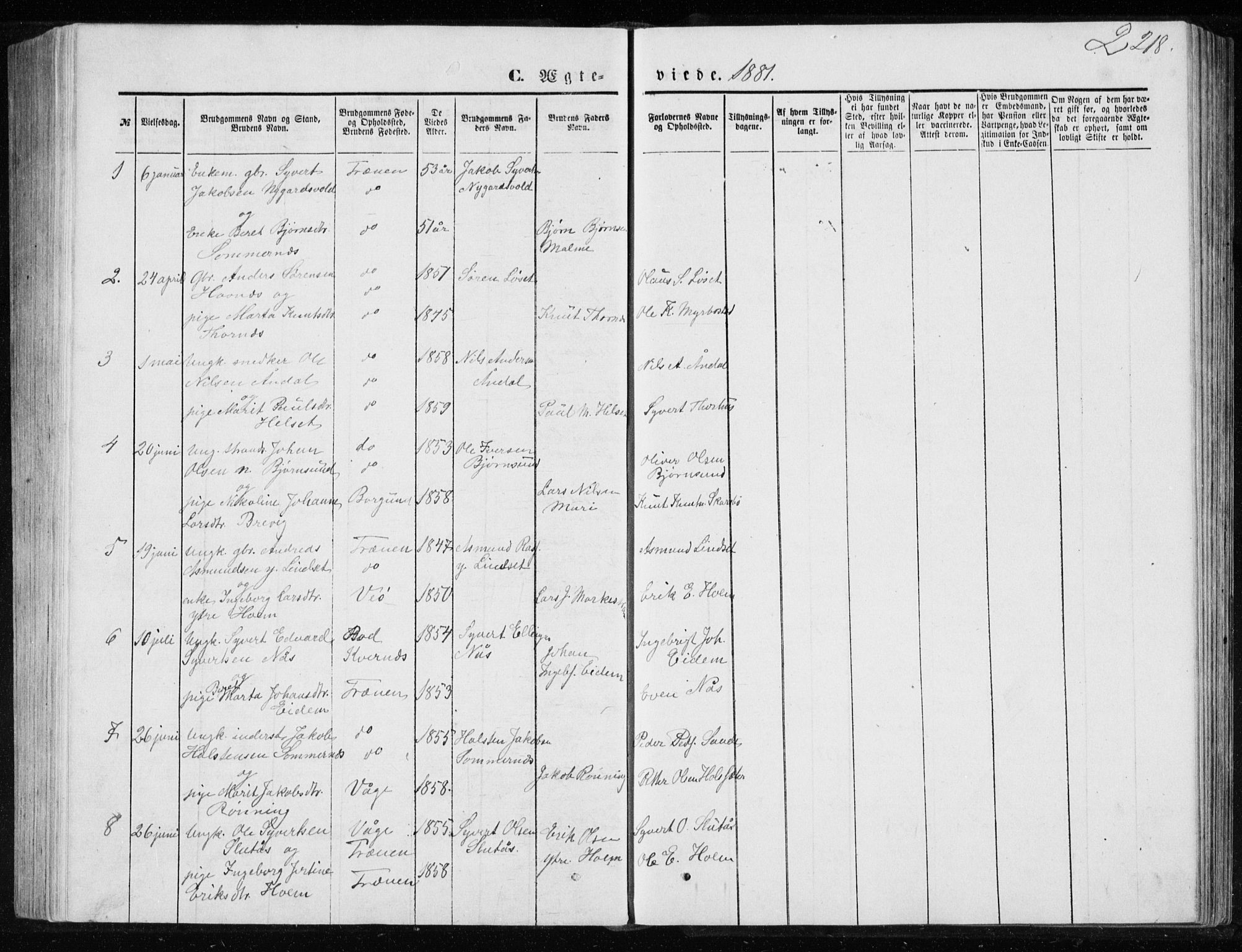 Ministerialprotokoller, klokkerbøker og fødselsregistre - Møre og Romsdal, SAT/A-1454/565/L0754: Parish register (copy) no. 565C03, 1870-1896, p. 218