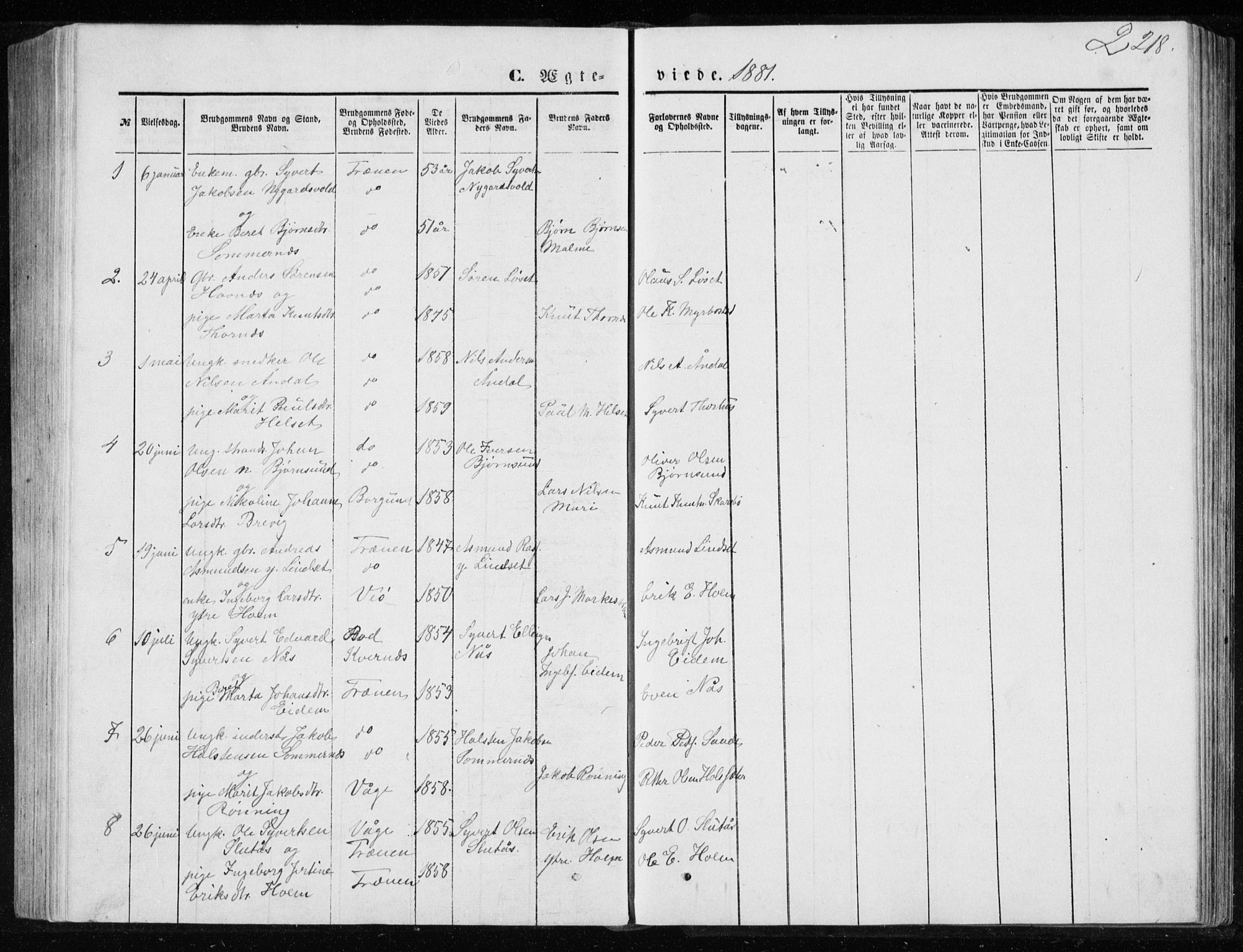 Ministerialprotokoller, klokkerbøker og fødselsregistre - Møre og Romsdal, AV/SAT-A-1454/565/L0754: Parish register (copy) no. 565C03, 1870-1896, p. 218