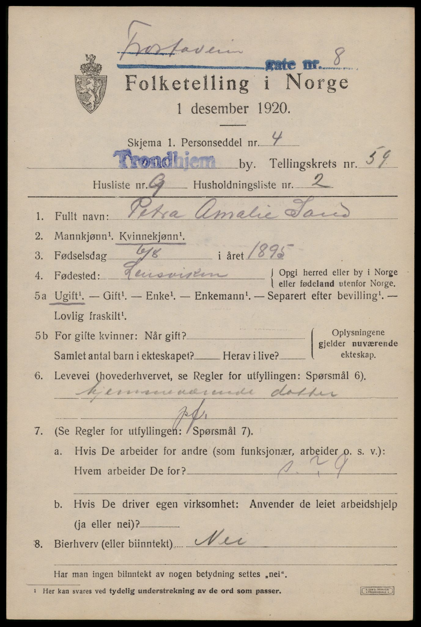 SAT, 1920 census for Trondheim, 1920, p. 120074