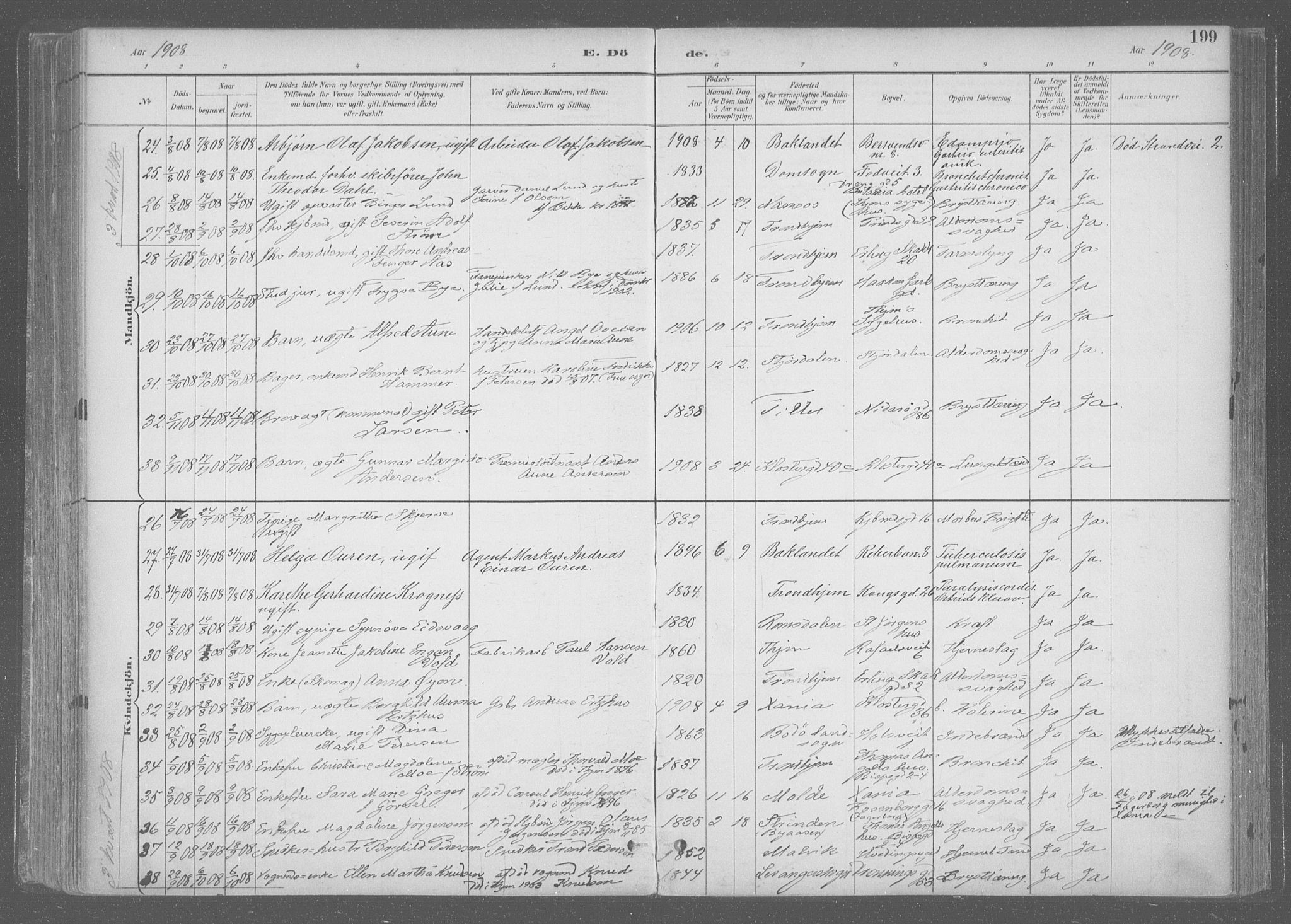 Ministerialprotokoller, klokkerbøker og fødselsregistre - Sør-Trøndelag, SAT/A-1456/601/L0064: Parish register (official) no. 601A31, 1891-1911, p. 199