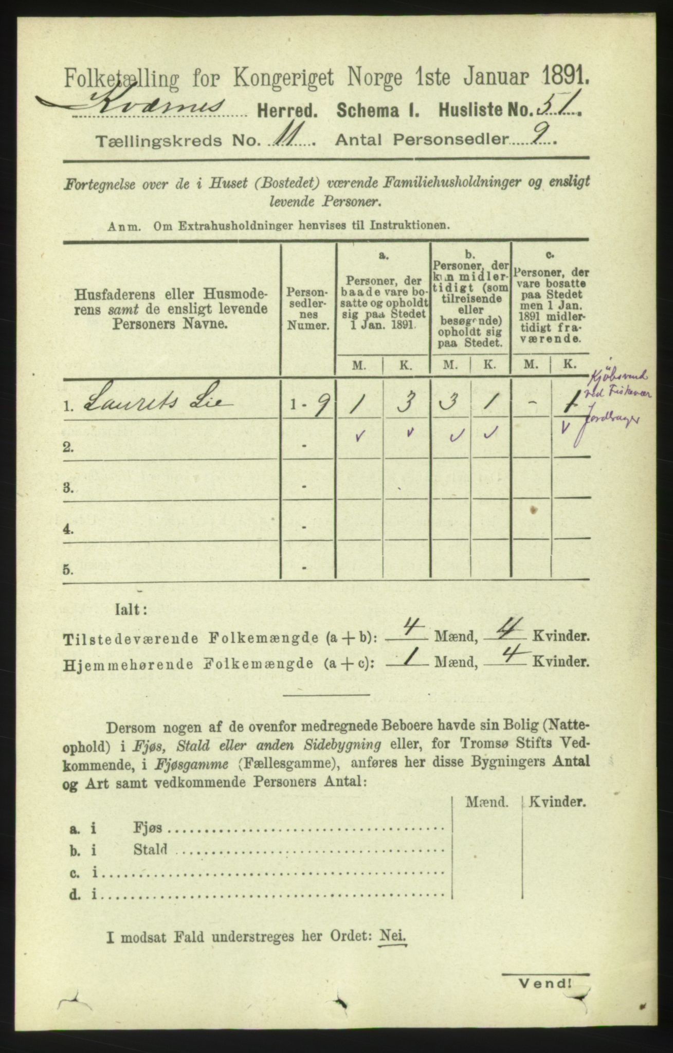 RA, 1891 census for 1553 Kvernes, 1891, p. 4805