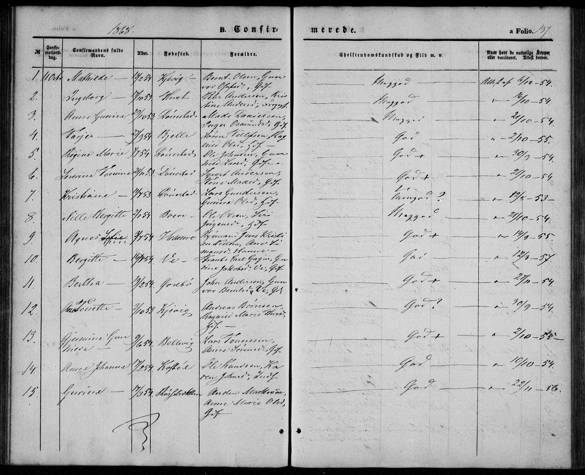 Tveit sokneprestkontor, AV/SAK-1111-0043/F/Fa/L0005: Parish register (official) no. A 5, 1853-1871, p. 137