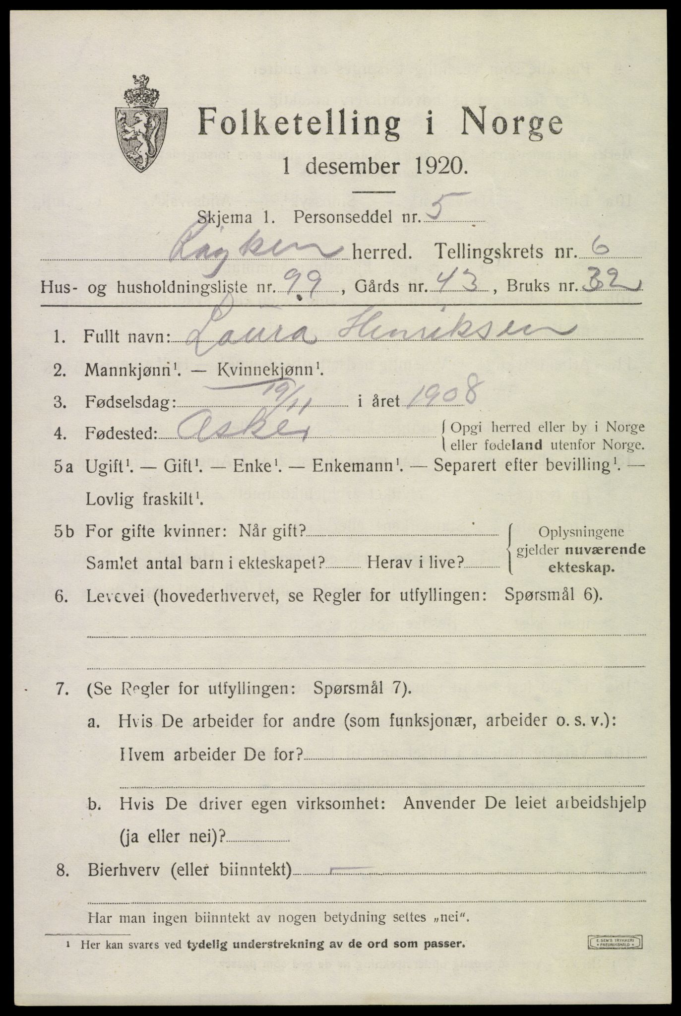 SAKO, 1920 census for Røyken, 1920, p. 10932