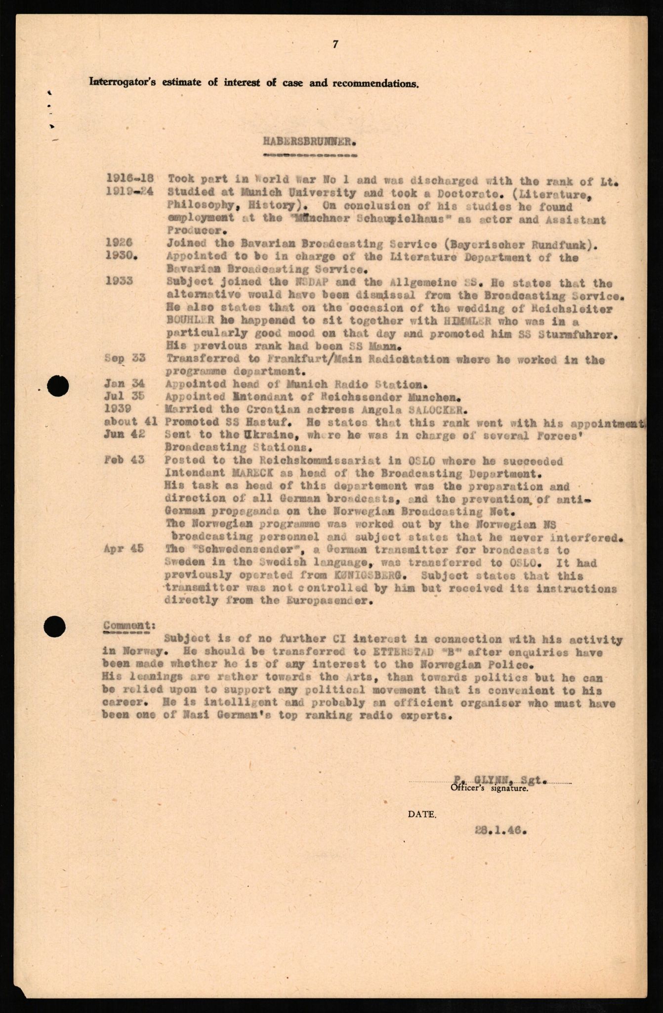 Forsvaret, Forsvarets overkommando II, AV/RA-RAFA-3915/D/Db/L0011: CI Questionaires. Tyske okkupasjonsstyrker i Norge. Tyskere., 1945-1946, p. 110