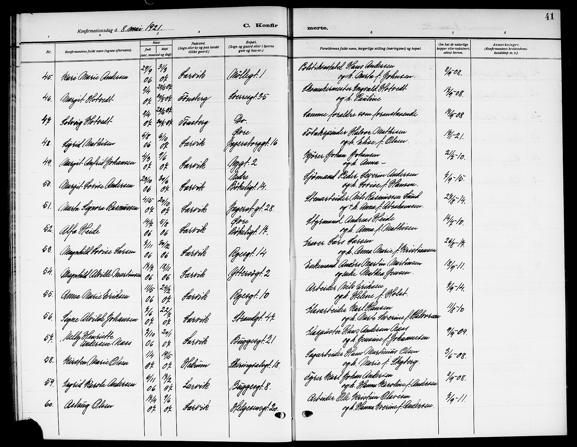 Larvik kirkebøker, AV/SAKO-A-352/G/Ga/L0009: Parish register (copy) no. I 9, 1918-1923, p. 41