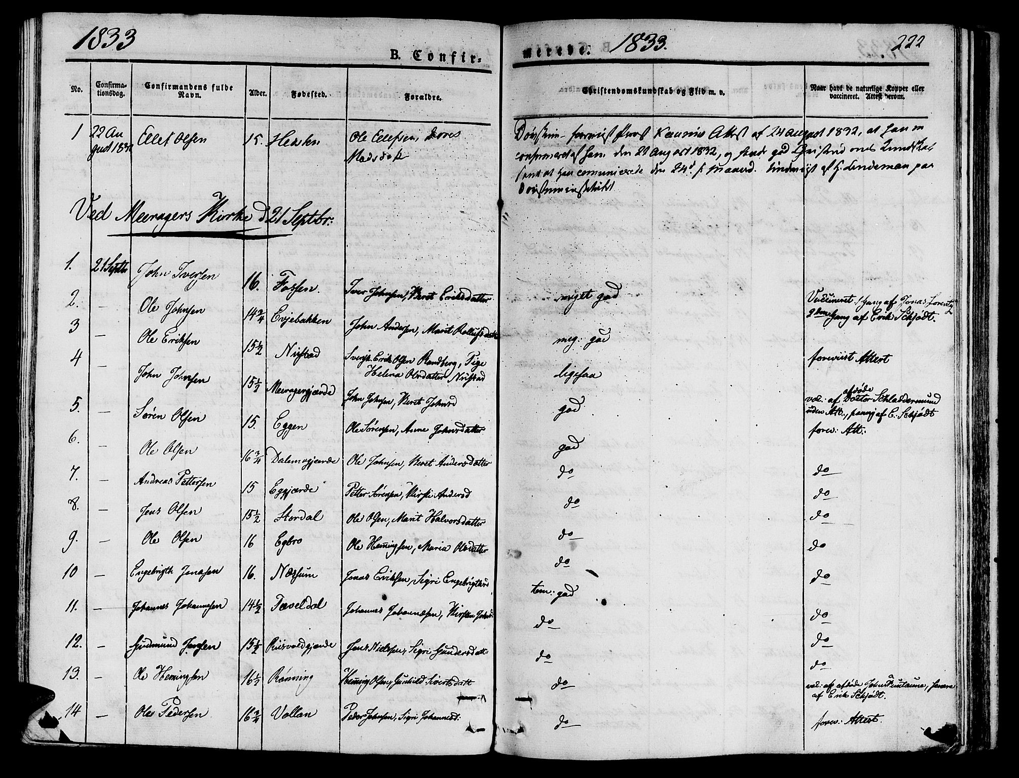 Ministerialprotokoller, klokkerbøker og fødselsregistre - Nord-Trøndelag, SAT/A-1458/709/L0071: Parish register (official) no. 709A11, 1833-1844, p. 222