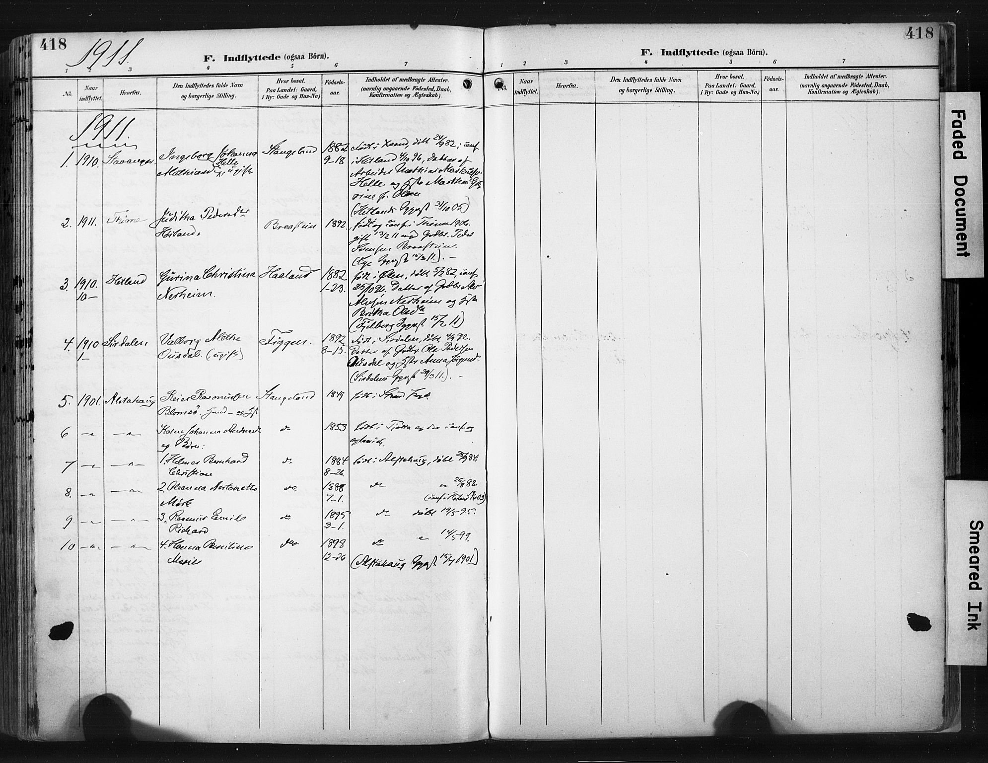 Høyland sokneprestkontor, AV/SAST-A-101799/001/30BA/L0015: Parish register (official) no. A 14, 1899-1911, p. 418