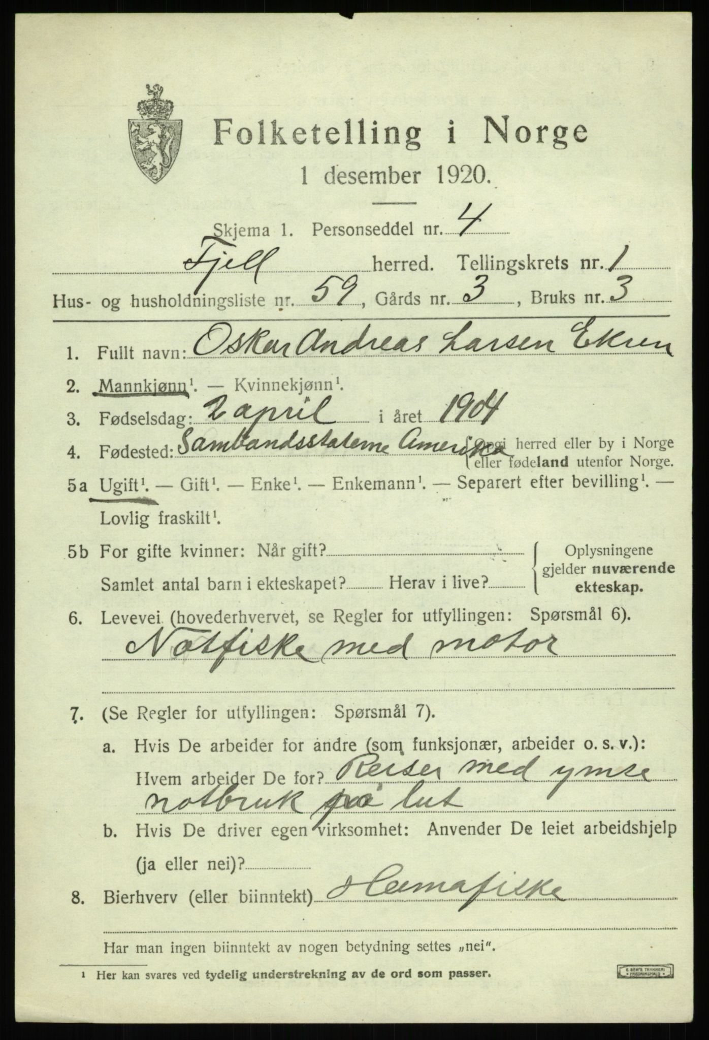 SAB, 1920 census for Fjell, 1920, p. 2240