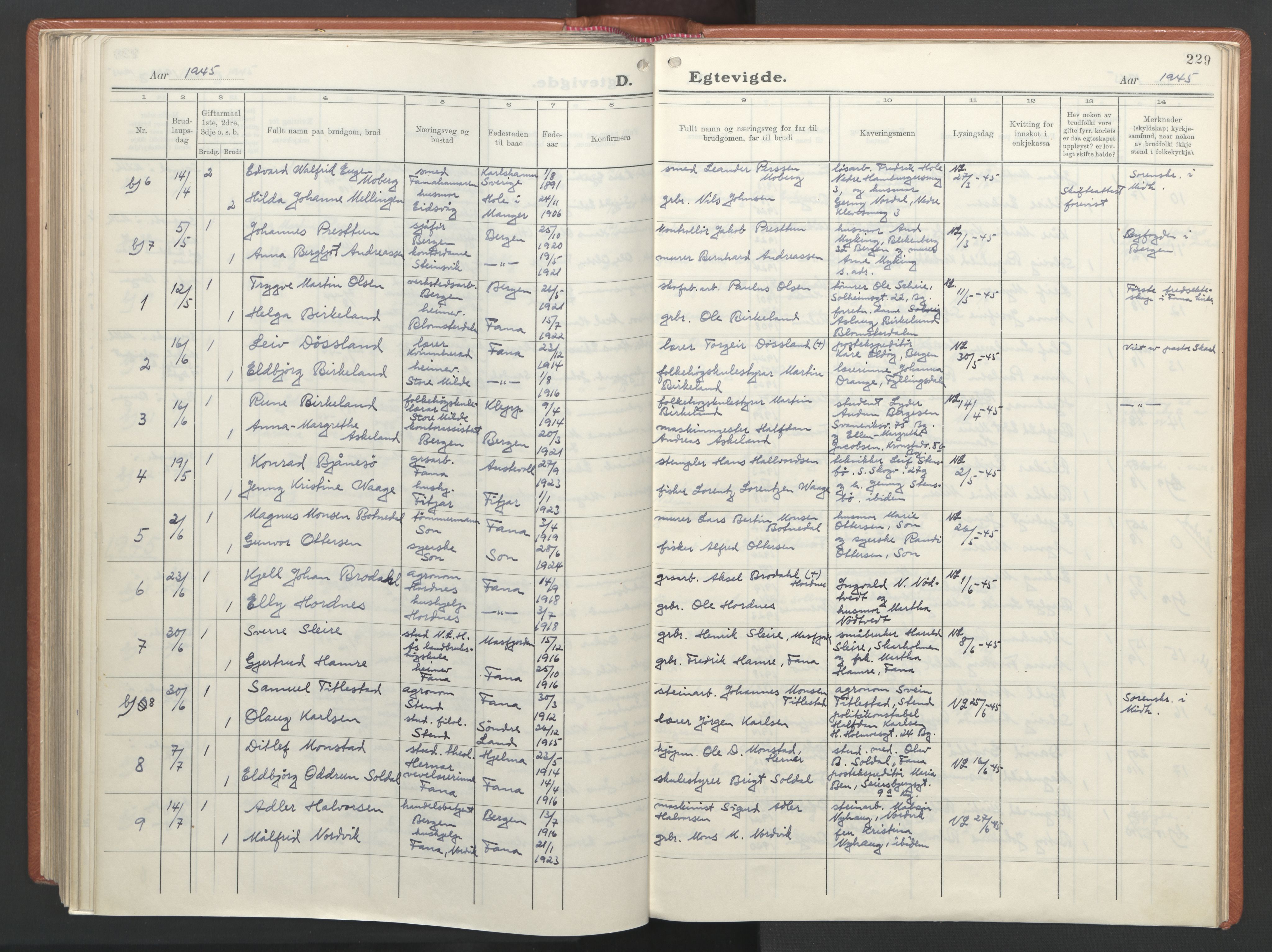 Fana Sokneprestembete, AV/SAB-A-75101/H/Haa/Haab/L0007: Parish register (official) no. B 7, 1934-1947, p. 229