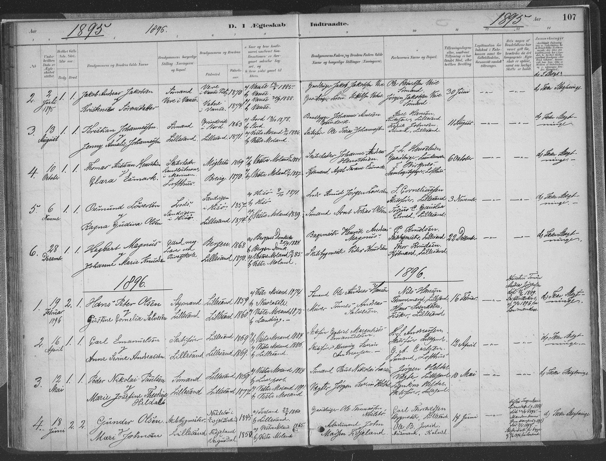 Vestre Moland sokneprestkontor, SAK/1111-0046/F/Fa/Faa/L0001: Parish register (official) no. A 1, 1884-1899, p. 107