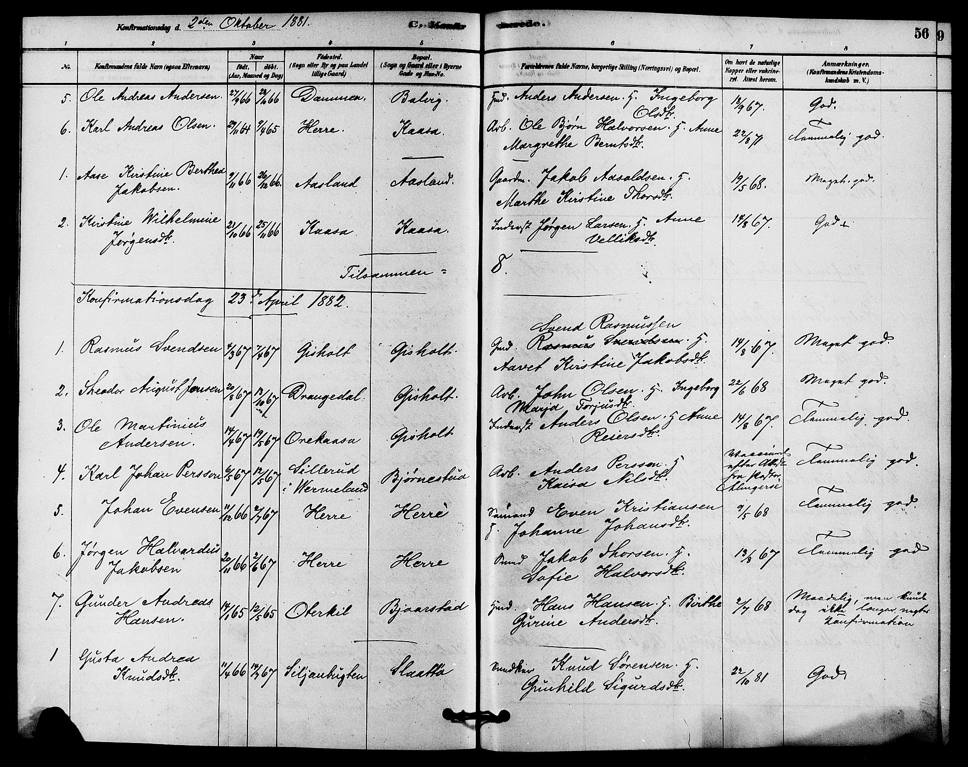 Solum kirkebøker, SAKO/A-306/F/Fc/L0001: Parish register (official) no. III 1, 1877-1891, p. 56