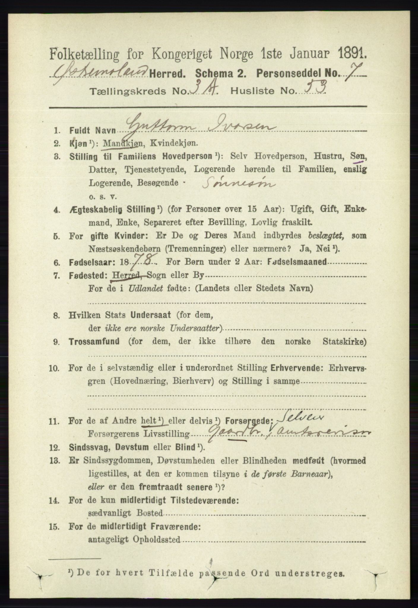 RA, 1891 census for 0918 Austre Moland, 1891, p. 1657