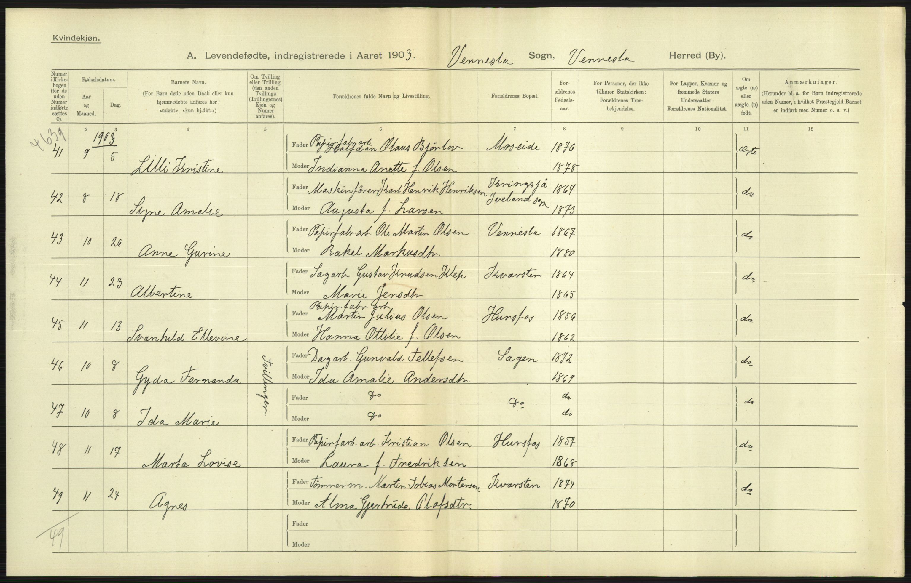 Statistisk sentralbyrå, Sosiodemografiske emner, Befolkning, AV/RA-S-2228/D/Df/Dfa/Dfaa/L0011: Lister og Mandal amt: Fødte, gifte, døde, 1903, p. 169